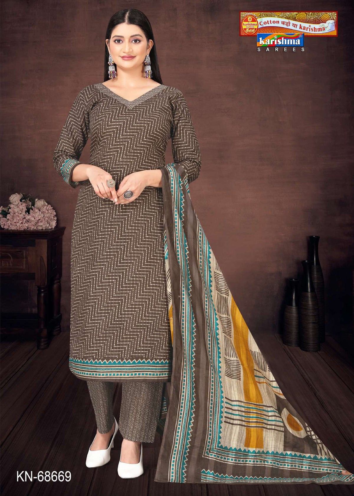 Brown Traditional Hand Block Design Printed Pure Mulmul Cotton Unstitched Dress Material Set (Free Size)