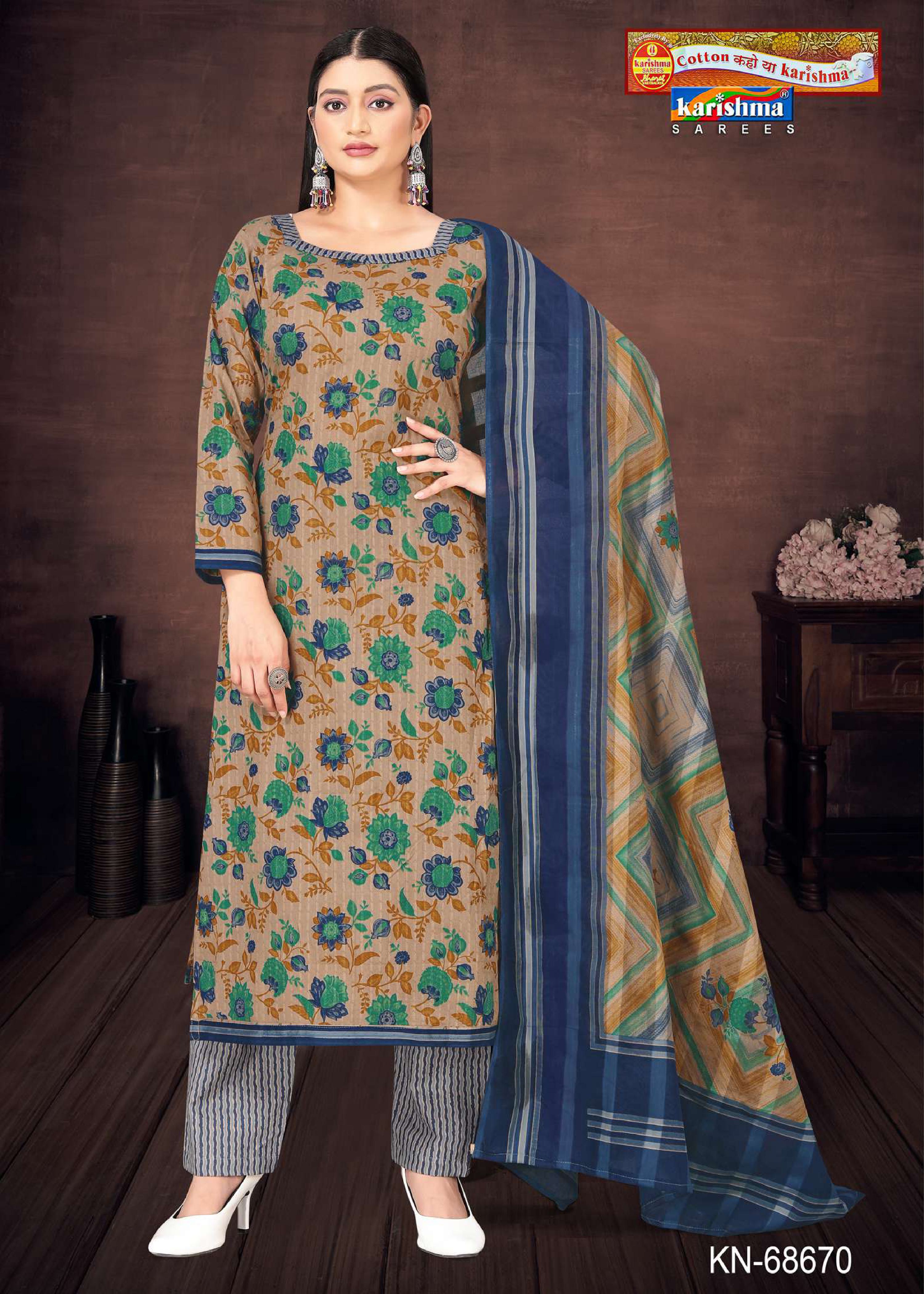 Blue Traditional Hand Block Design Printed Pure Mulmul Cotton Unstitched Dress Material Set (Free Size)