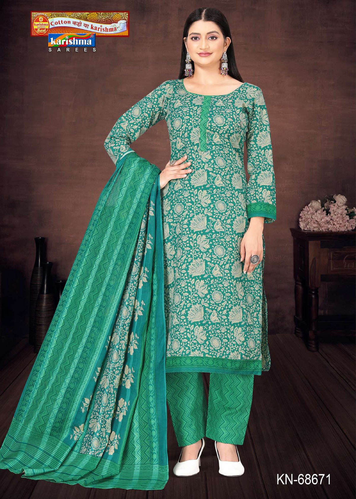 Green Traditional Hand Block Design Printed Pure Mulmul Cotton Unstitched Dress Material Set (Free Size)