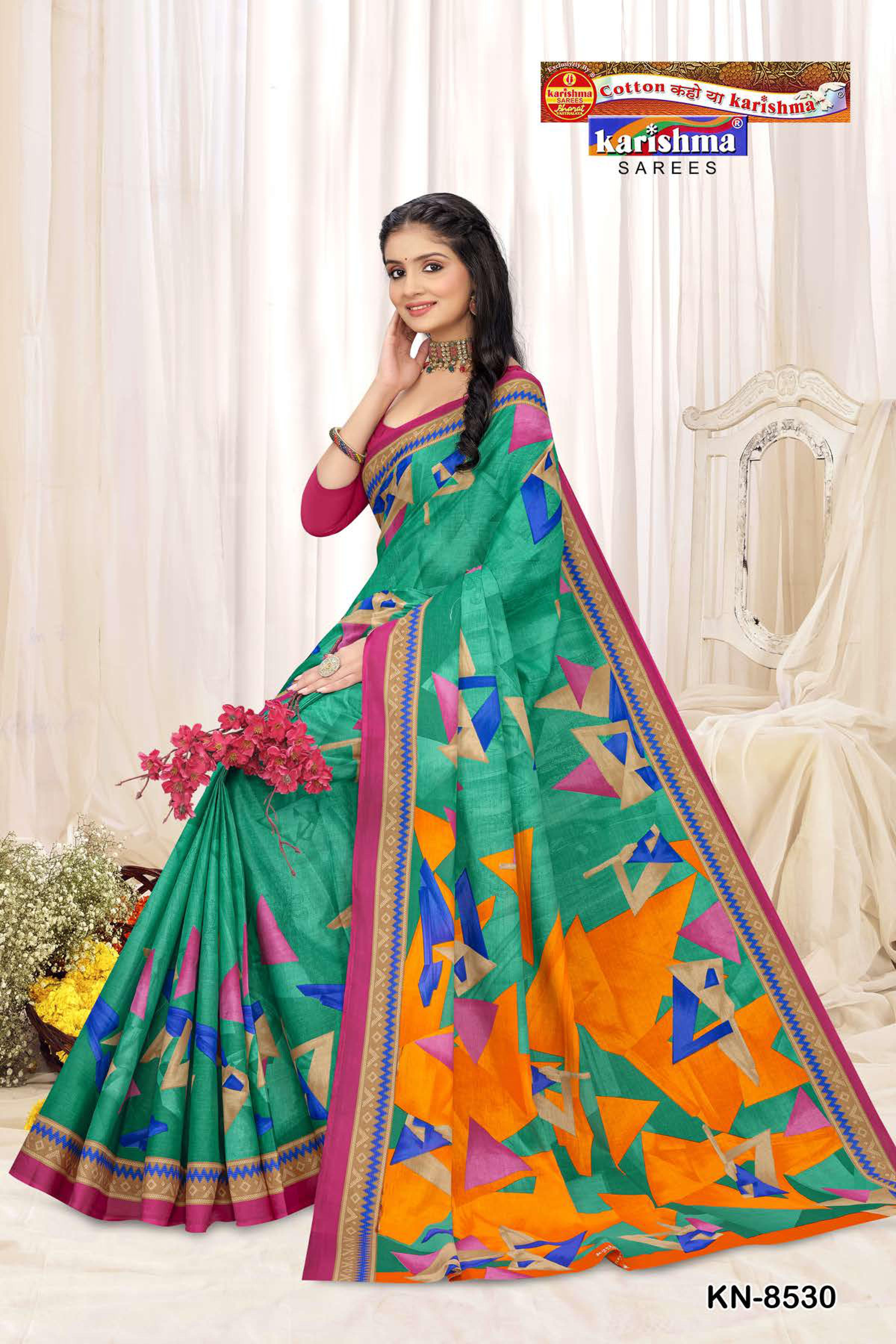 Teal Colourful Flowery Design Printed Pure Mulmul Cotton Saree without Blouse Piece
