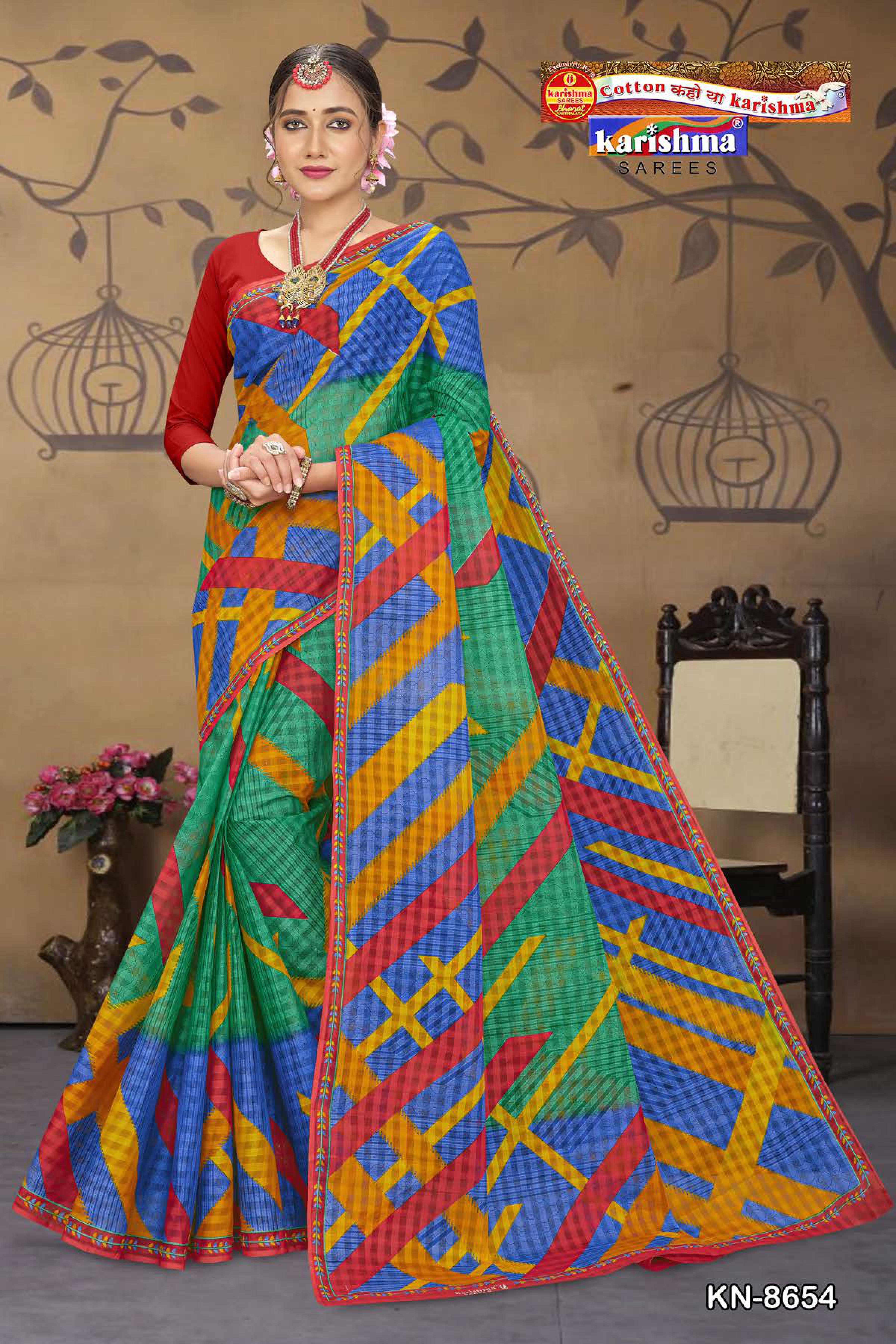 Green Colourful Geometric Pattern Design Printed Pure Mulmul Cotton Saree without Blouse Piece