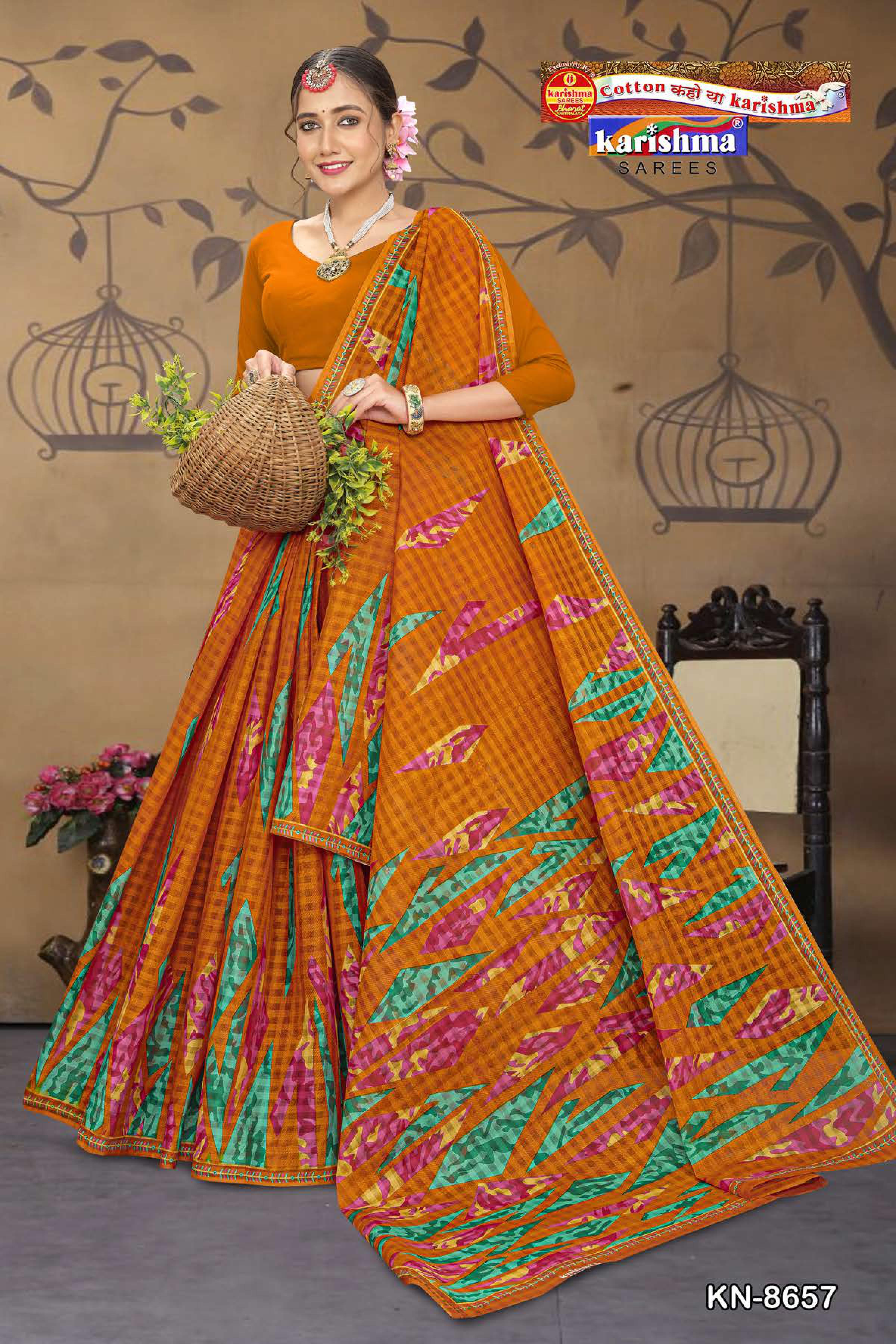 Orange Colourful Geometric Pattern Design Printed Pure Mulmul Cotton Saree without Blouse Piece