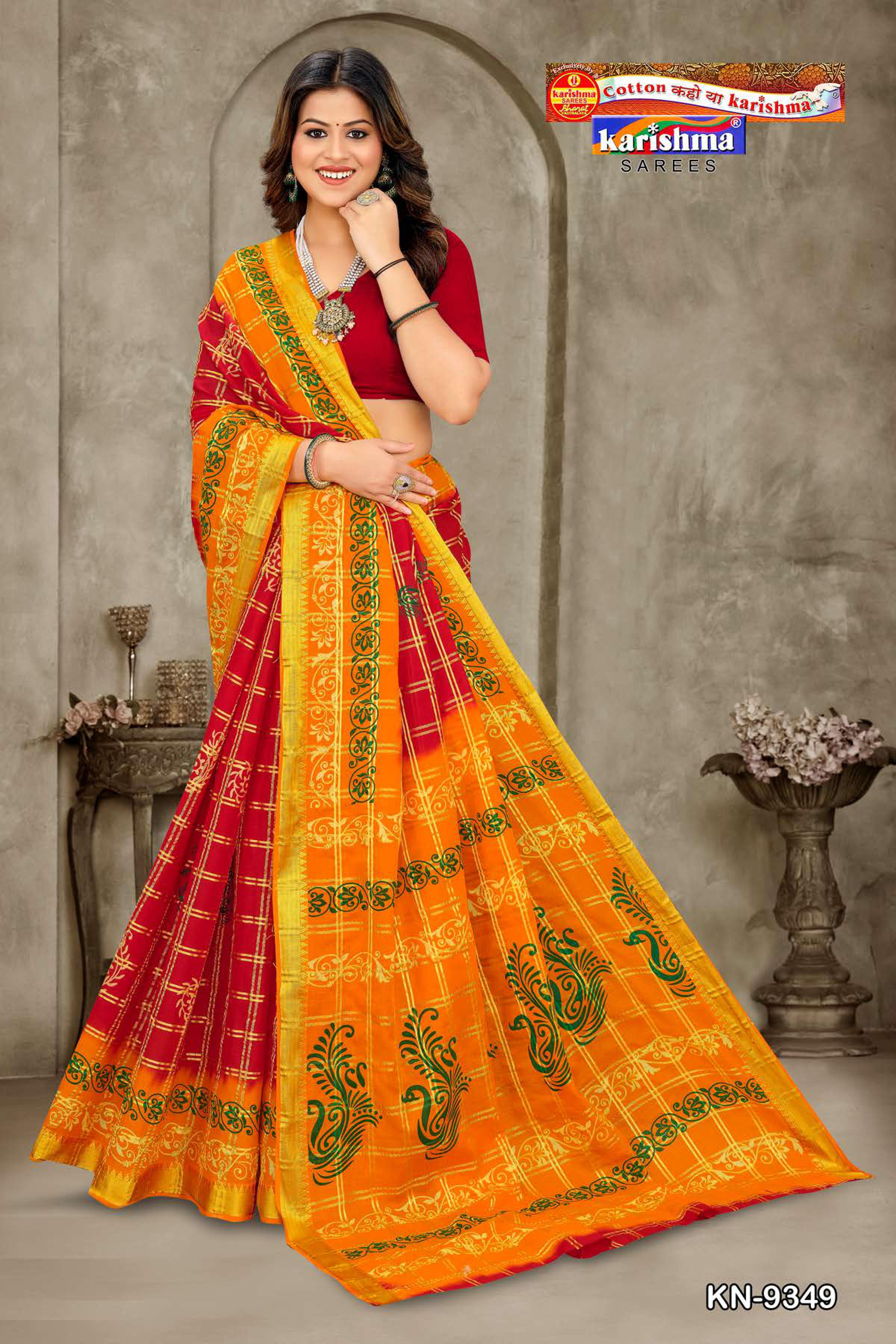 Yellow Traditional Zari Checks Style Festive Design Pattern Printed Pure Cotton Saree with Border