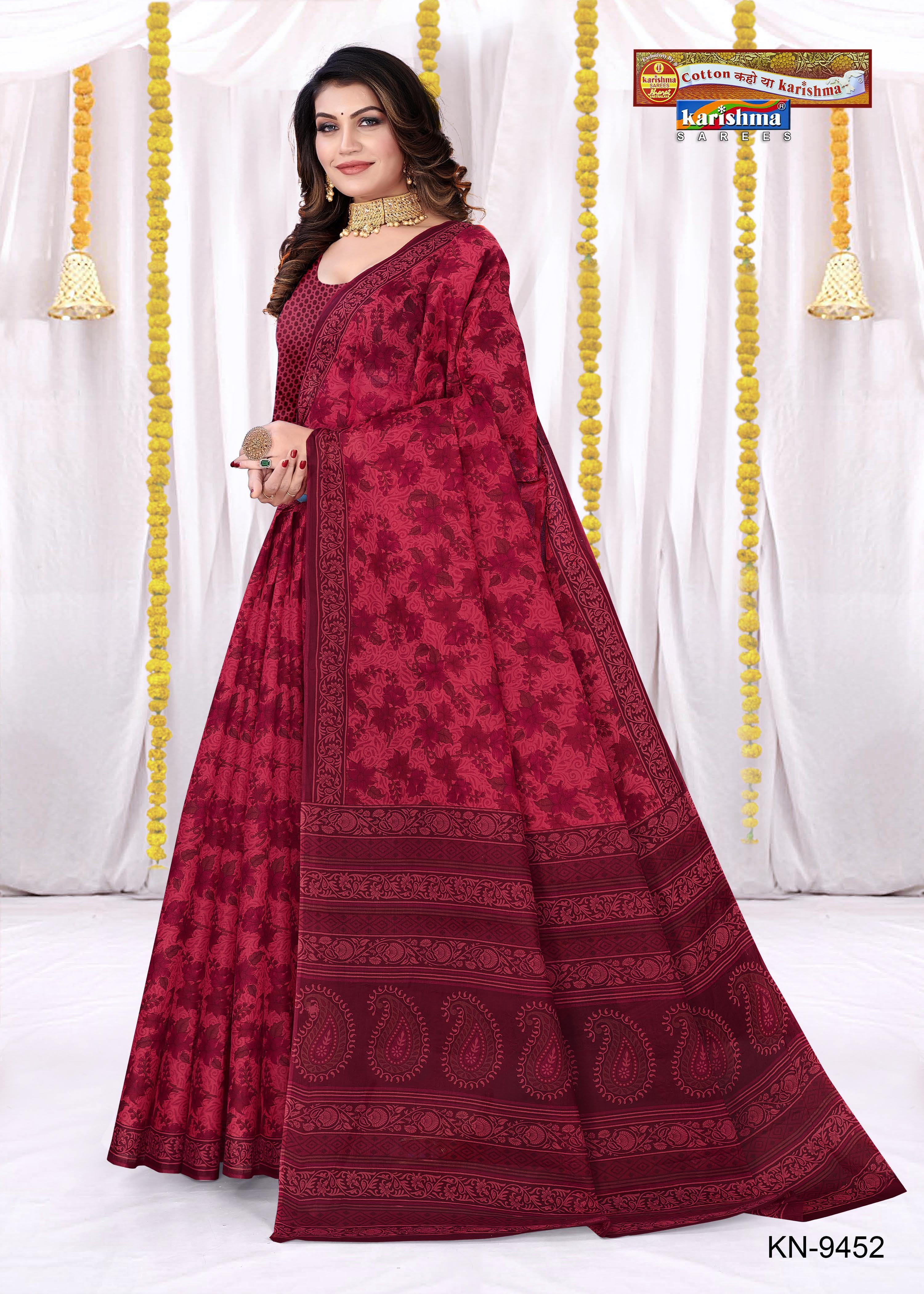 Red Pure Cotton Mulmul (Medium soft) Saree With Beautiful Floral Print