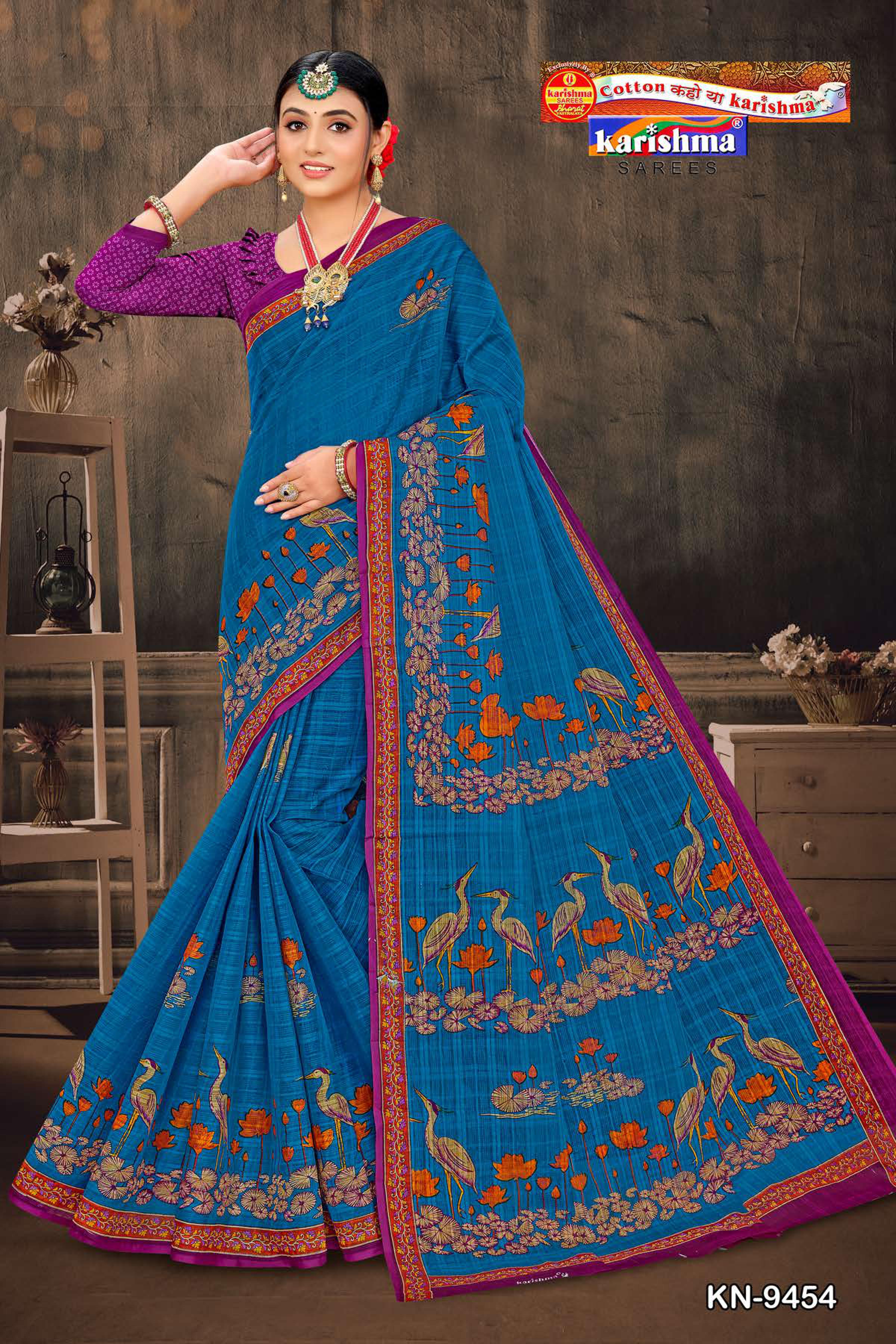 Blue Women's Pure Mulmul Cotton Saree with Printed Colurful Lotus Design and Unstitched Blouse Piece