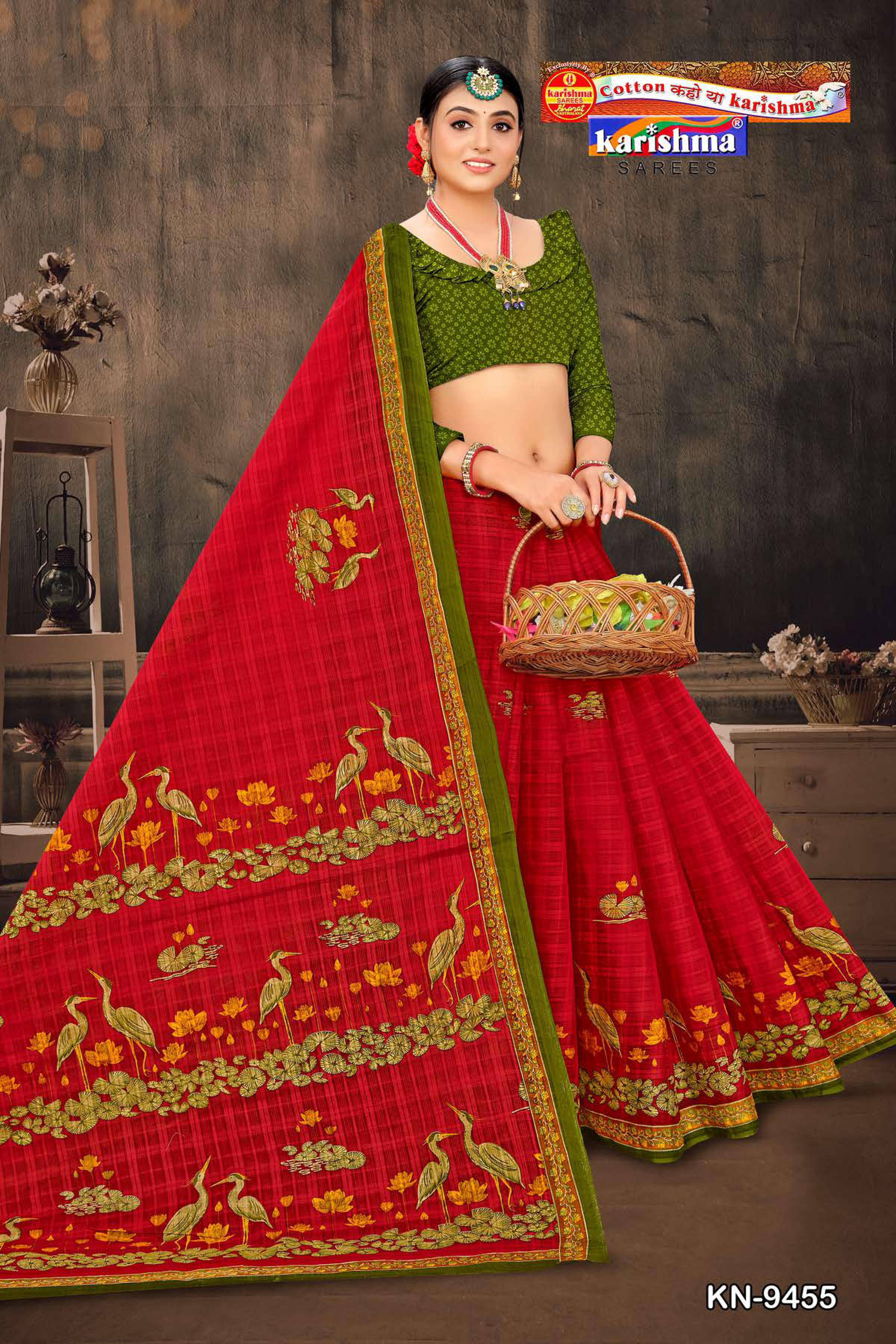 Red Pure Mulmul Cotton Saree with Printed Colurful Lotus Design and Unstitched Blouse Piece