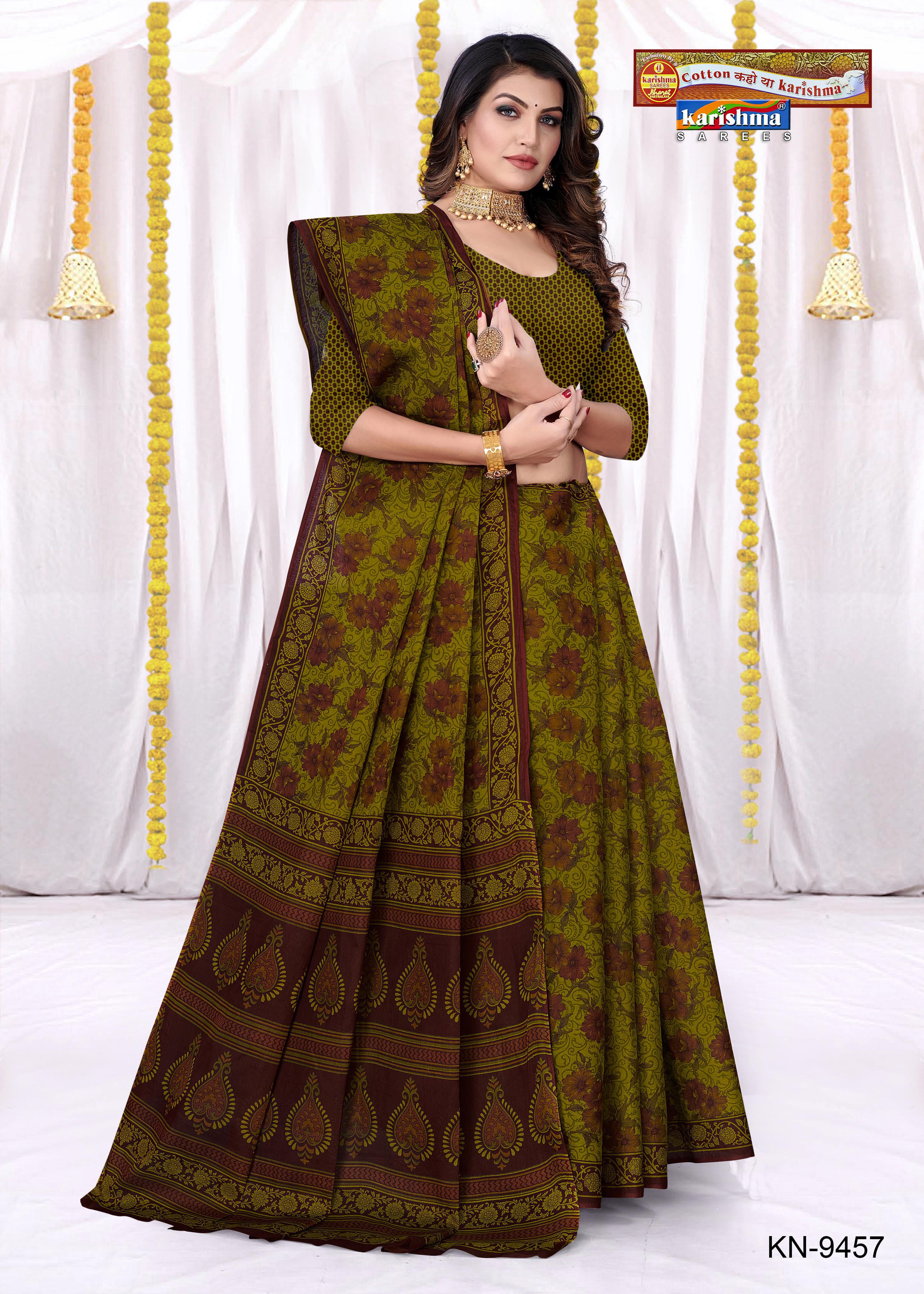 Olive Pure Cotton Mulmul (Medium soft) Saree With Beautiful Floral Print
