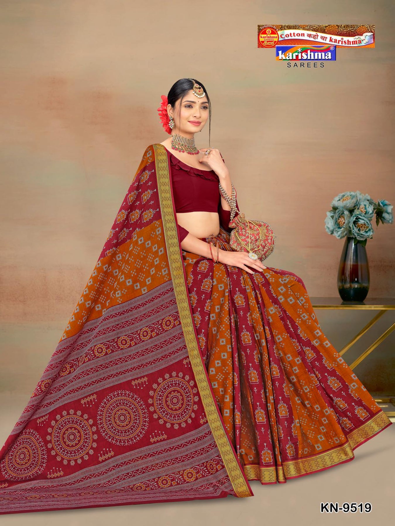 Red Pure Cotton Muslin (Soft) Saree With Traditional Ikat Print And Unique Border