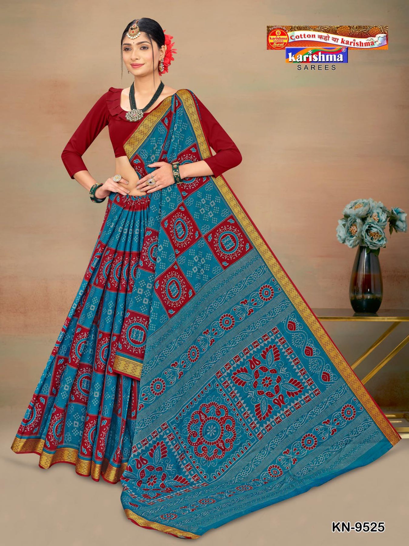 Blue And Red Pure Cotton Muslin (Soft) Saree With Traditional Ikat Print And Unique Border