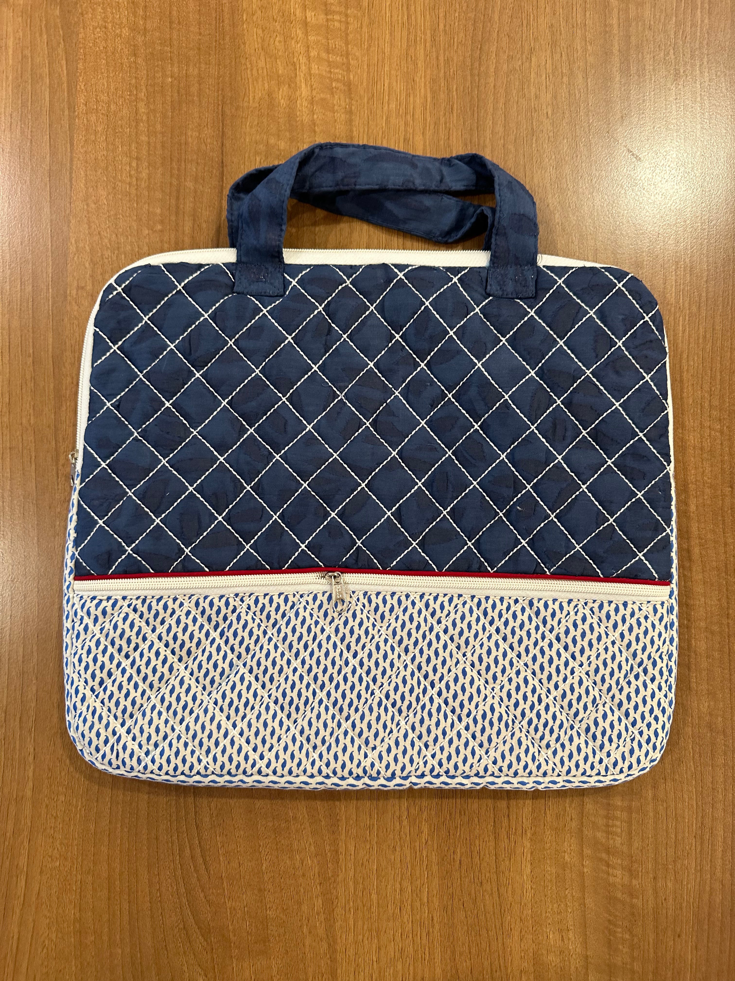 Blue Quilted Printed Cotton Sustainable Handmade Layered Laptop Cover Office Bag with Handle