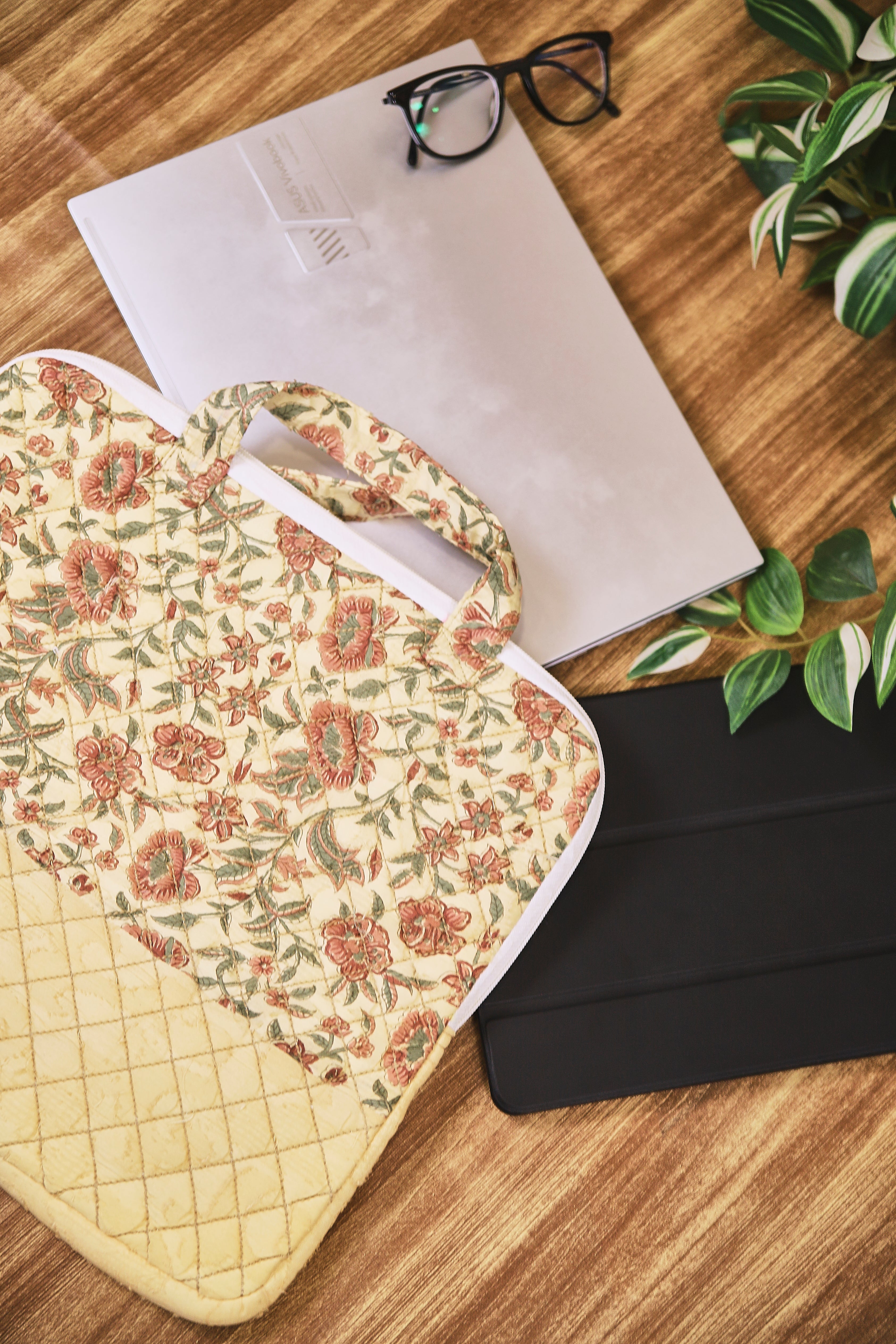 Beige Floral Design Sustainable Handmade Cotton Quilted Layered Laptop Cover Office Bag with Handle