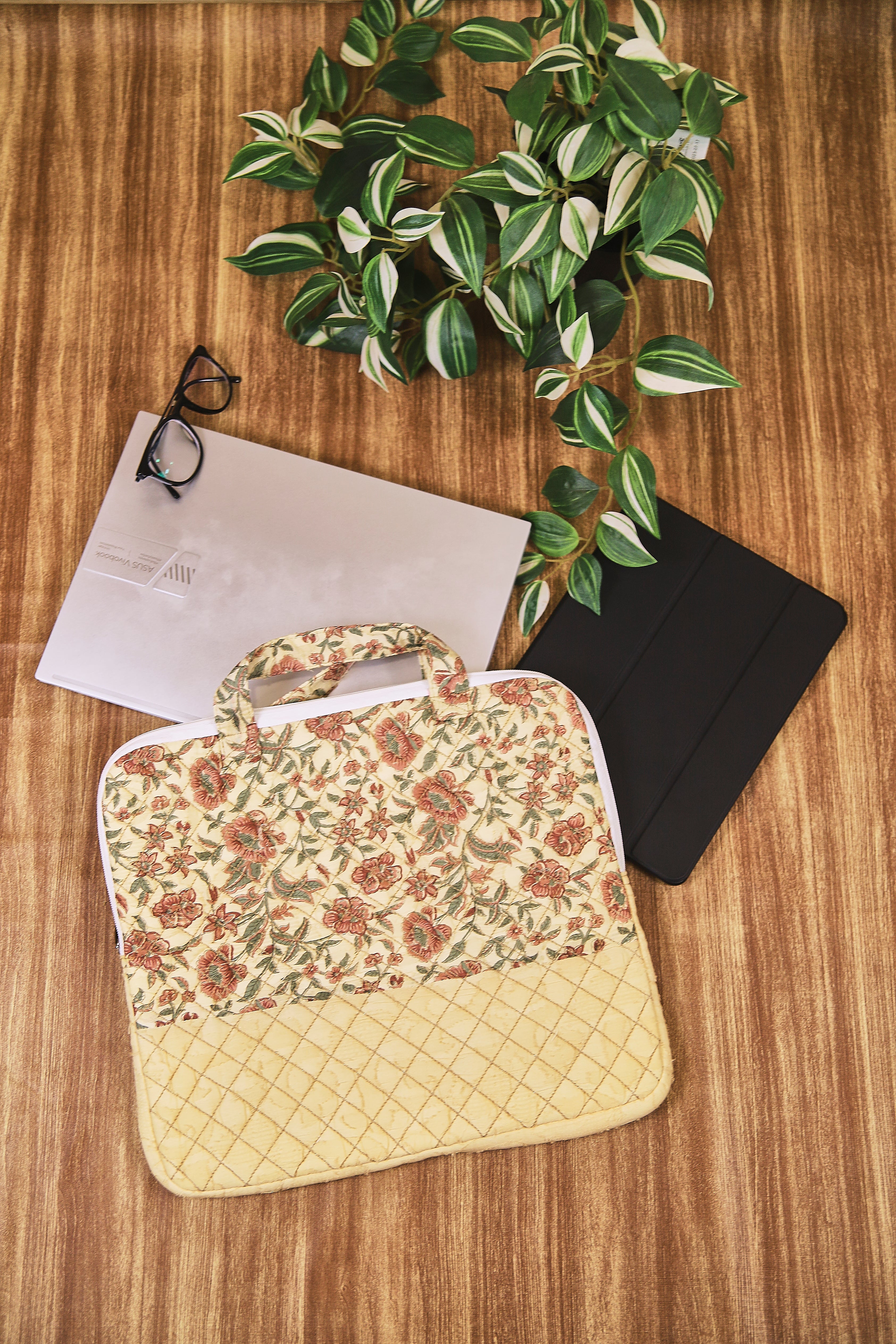 Beige Floral Design Sustainable Handmade Cotton Quilted Layered Laptop Cover Office Bag with Handle