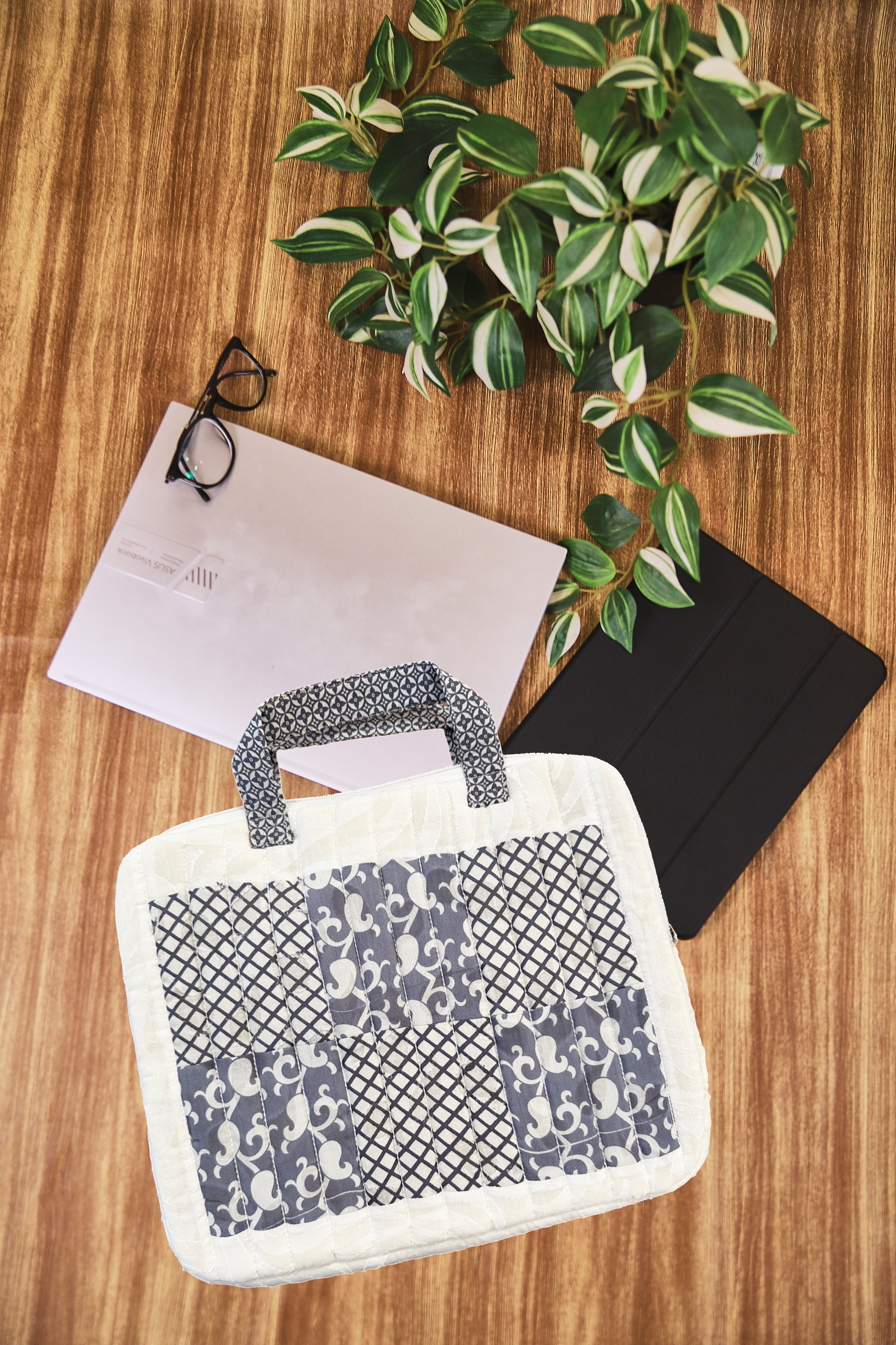 White Grey Patchwork Sustainable Handmade Printed Cotton Quilted Layered Laptop Cover Office Bag with Handle