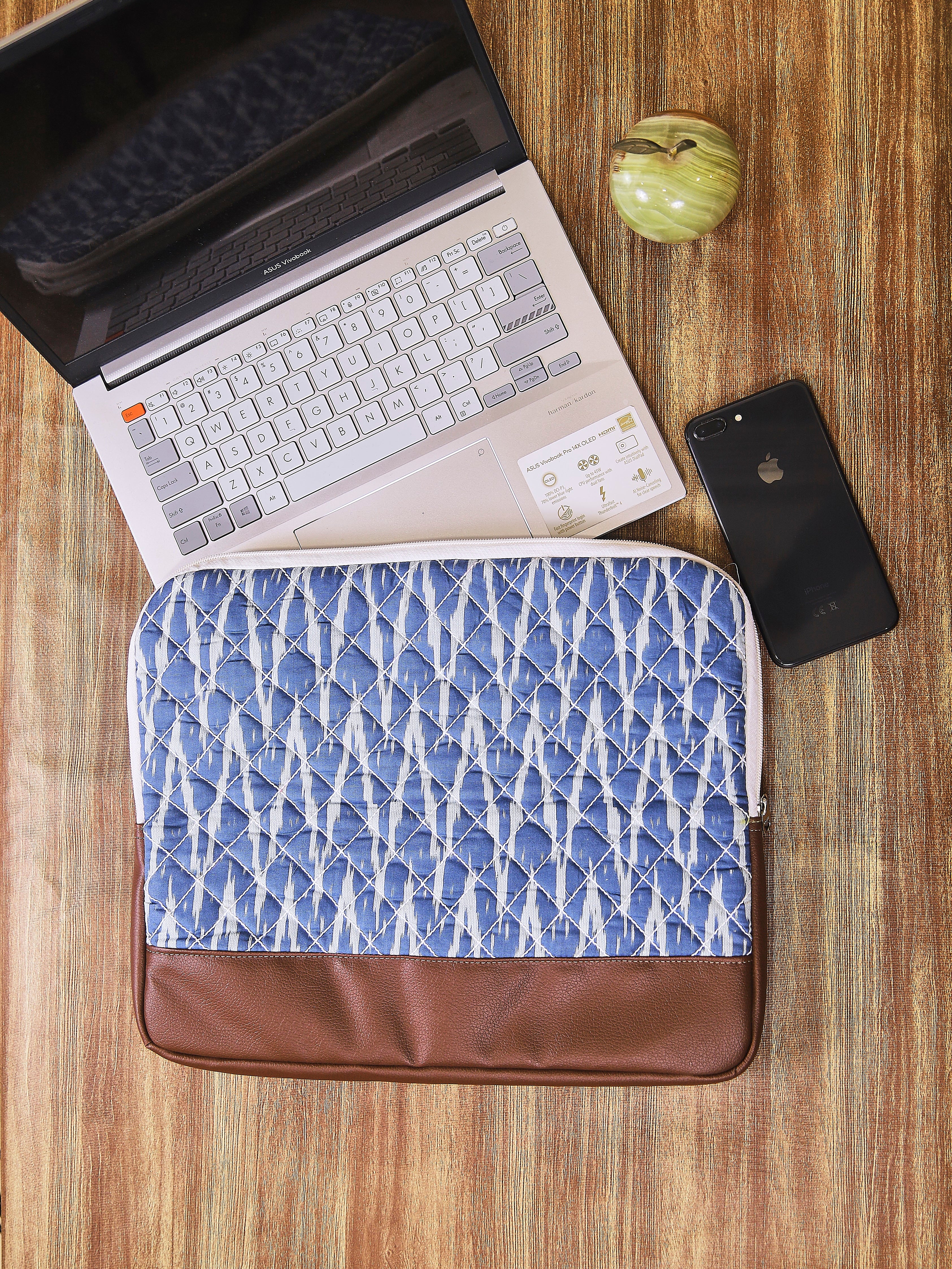 Blue Ikat Style Printed Sustainable Handmade Quilted Cotton Laptop Sleeve with Zipper