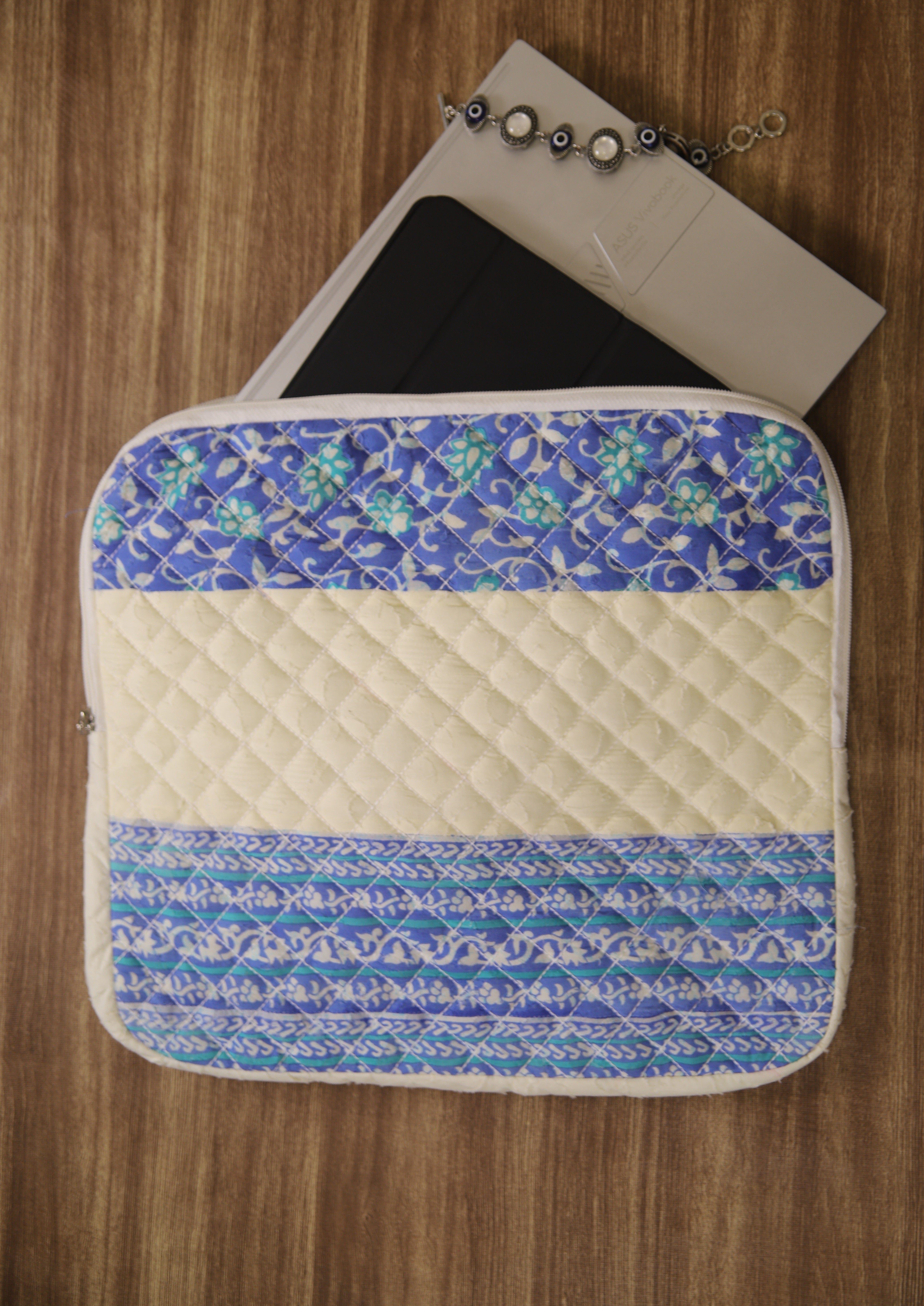 Blue Floral Printed Sustainable Handmade Quilted Cotton Laptop Sleeve with Zipper