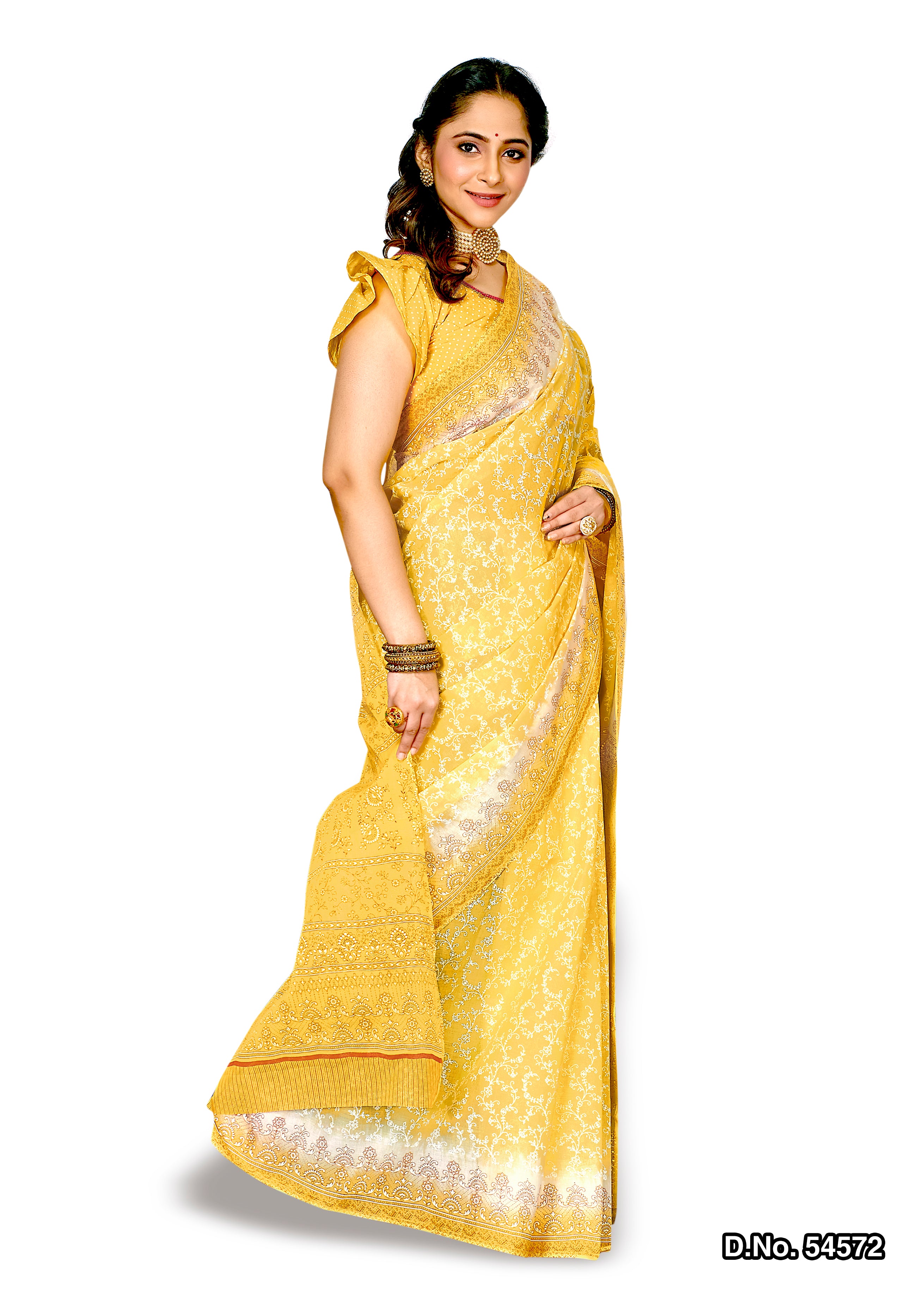 Yellow Motifs Design Style Pattern Printed Mulmul Pure Cotton Saree