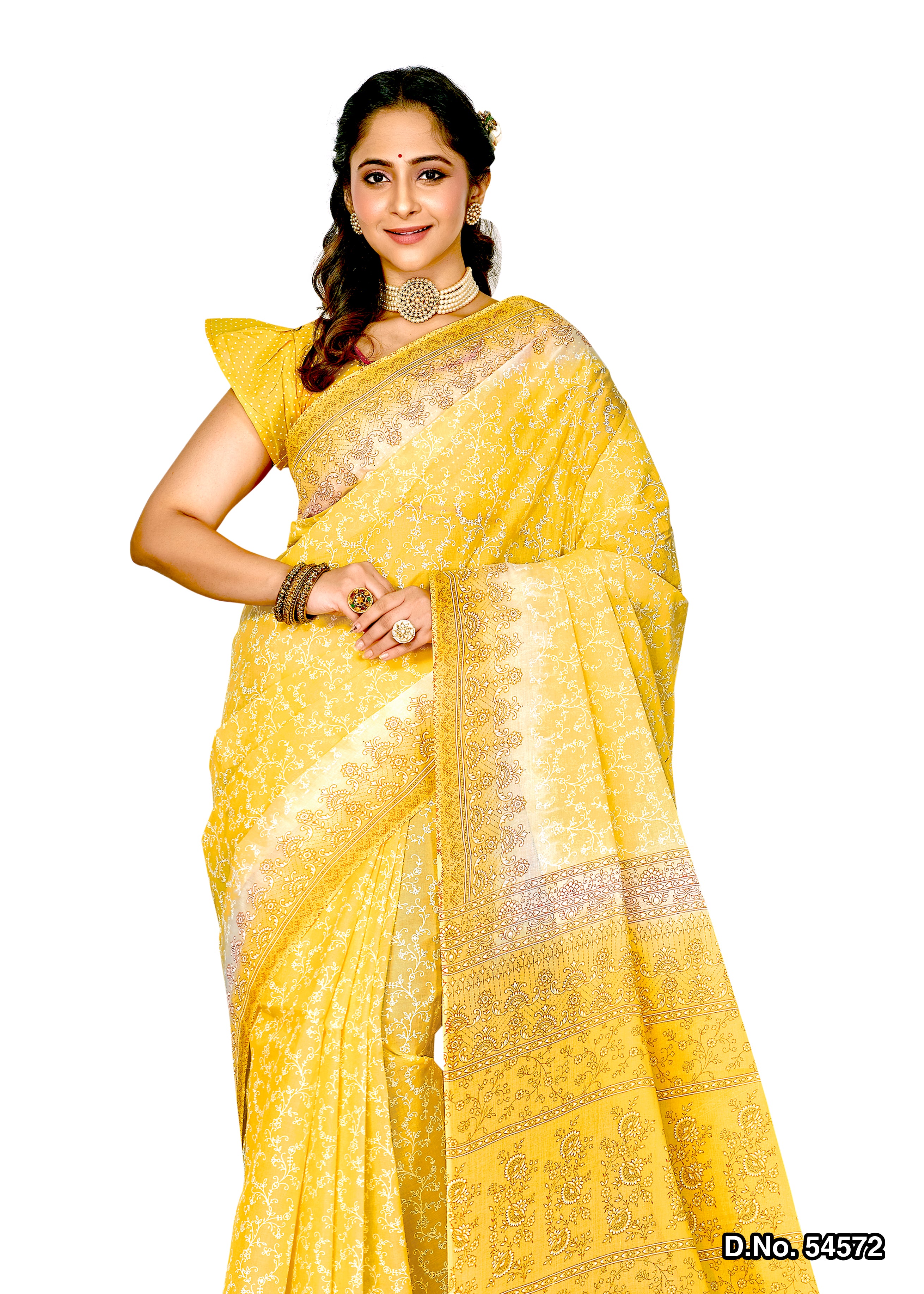 Yellow Motifs Design Style Pattern Printed Mulmul Pure Cotton Saree