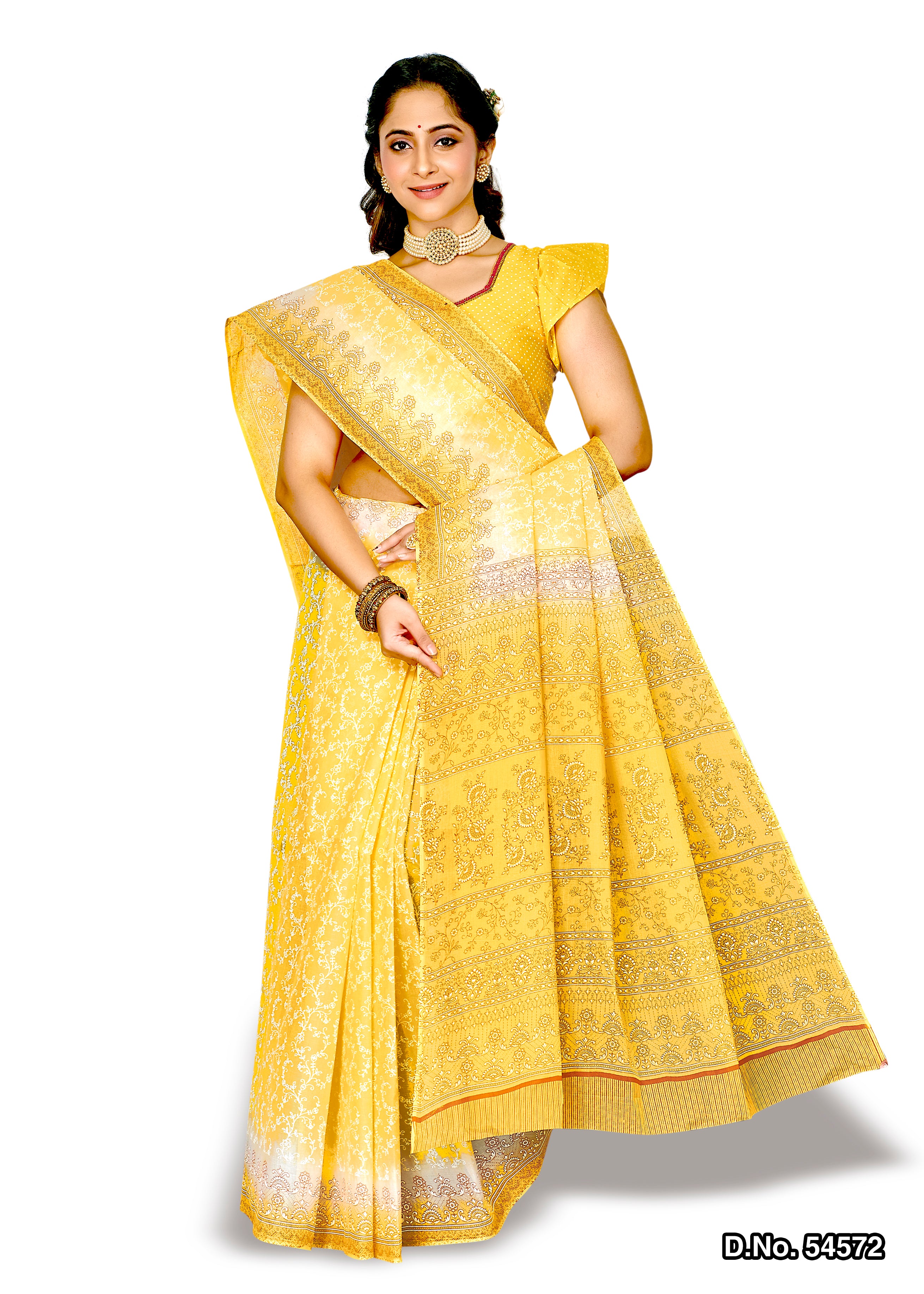 Yellow Motifs Design Style Pattern Printed Mulmul Pure Cotton Saree