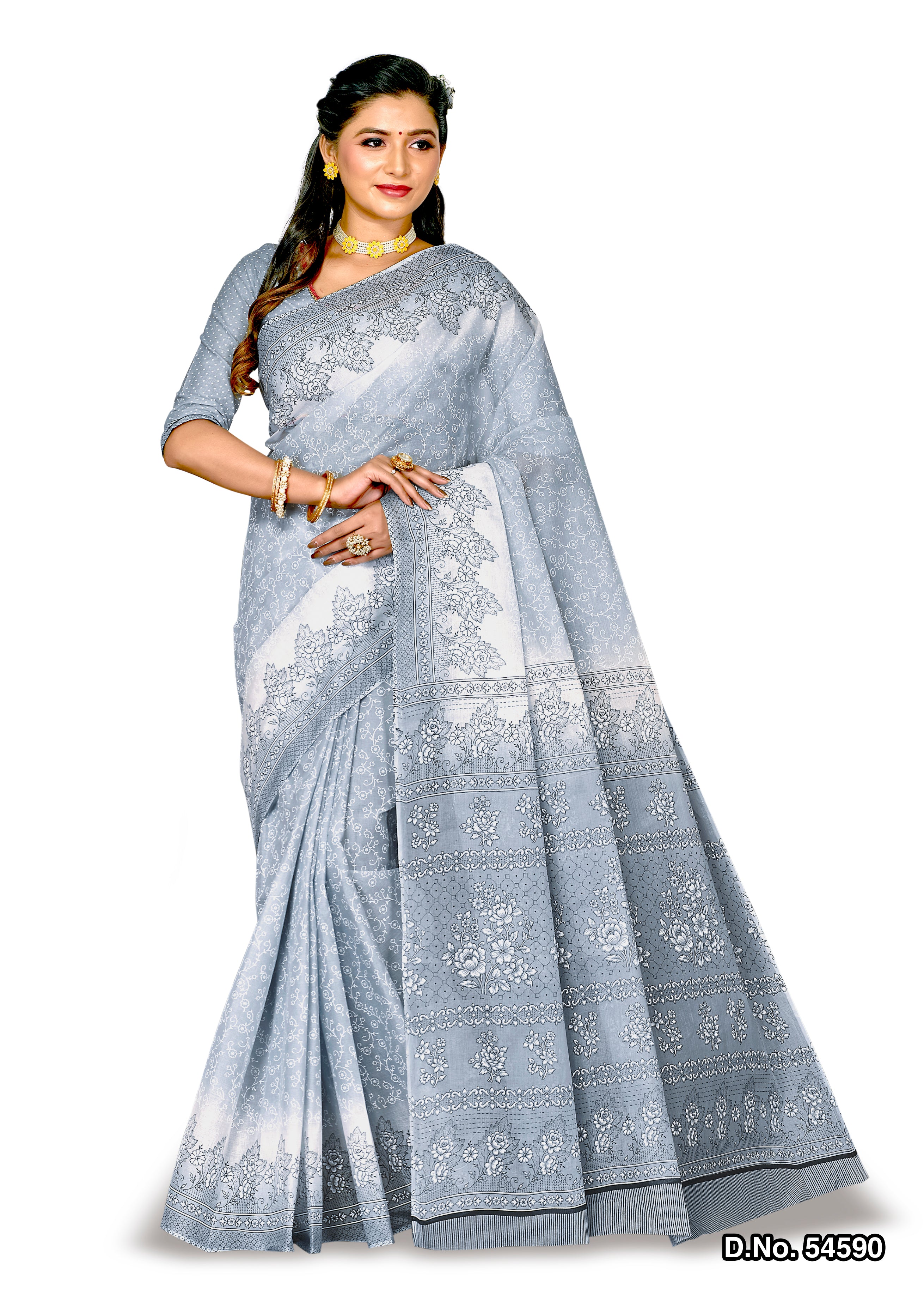 Grey Motifs Design Style Pattern Printed Mulmul Pure Cotton Saree