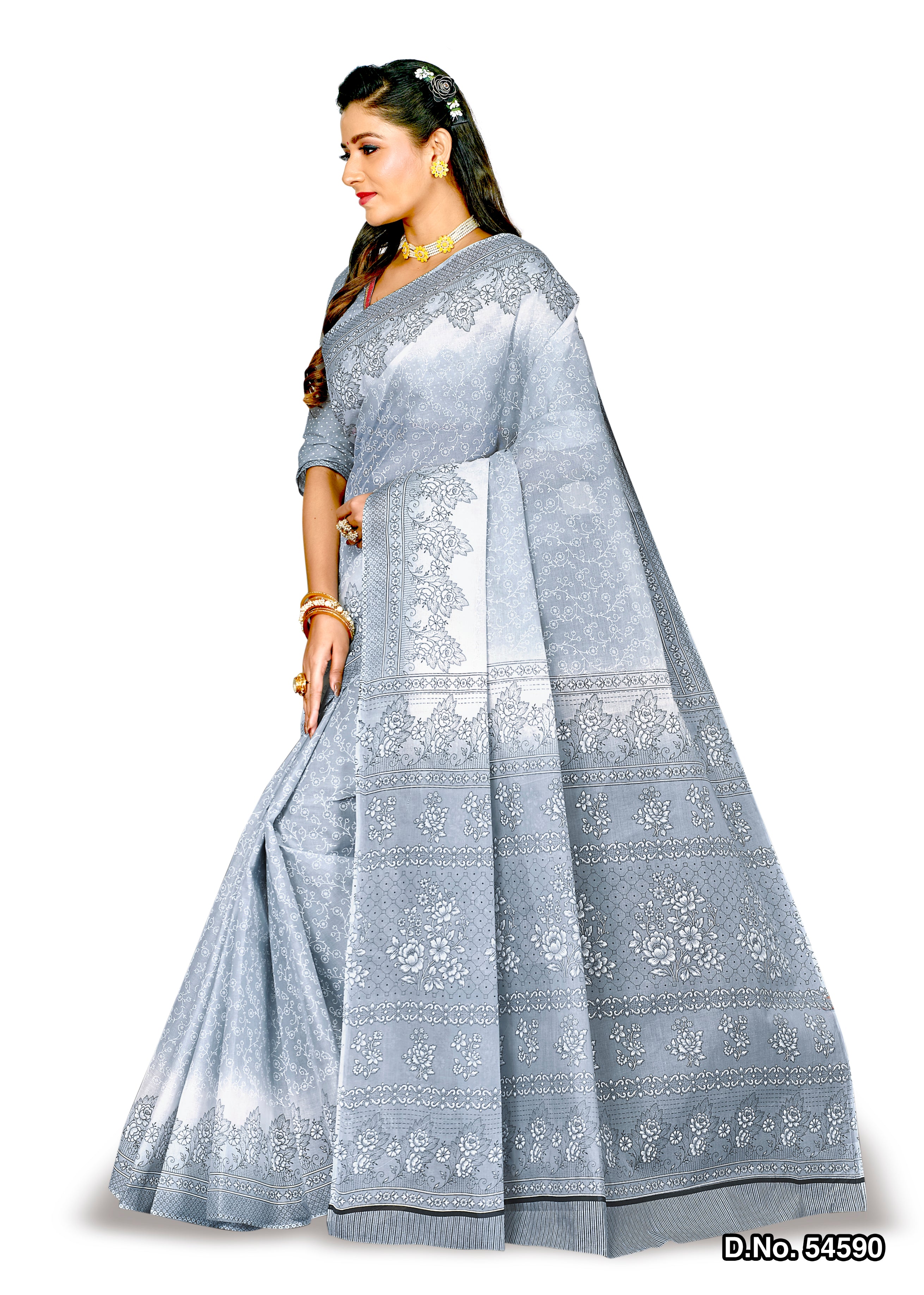 Grey Motifs Design Style Pattern Printed Mulmul Pure Cotton Saree