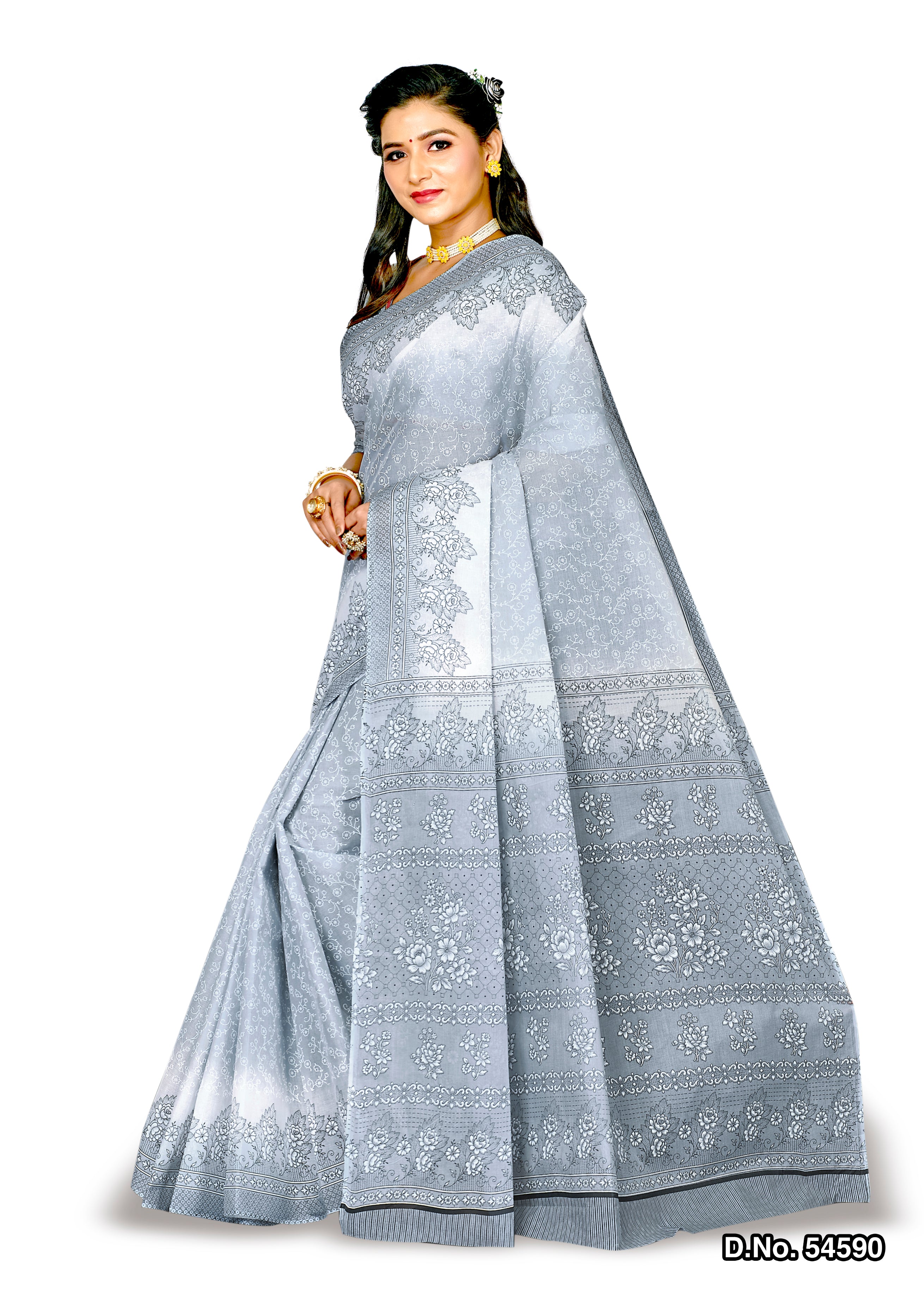 Grey Motifs Design Style Pattern Printed Mulmul Pure Cotton Saree