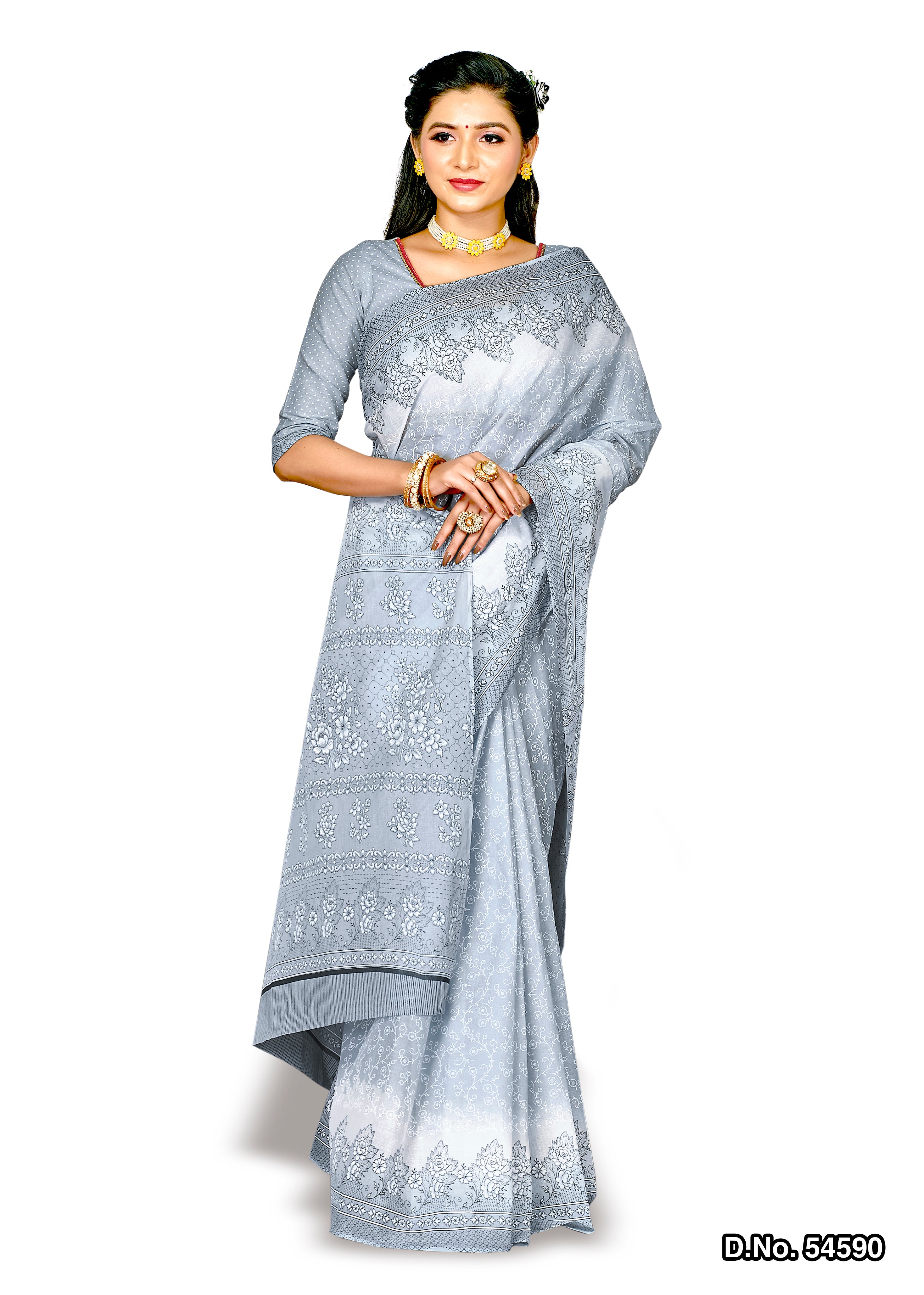 Grey Motifs Design Style Pattern Printed Mulmul Pure Cotton Saree