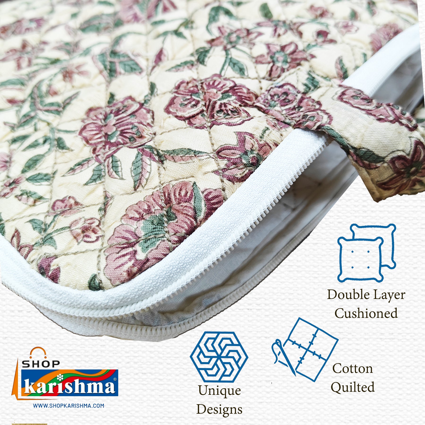 Cream Flower Sustainable Handmade Printed Cotton Quilted Layered Laptop Cover Office Bag with Handle