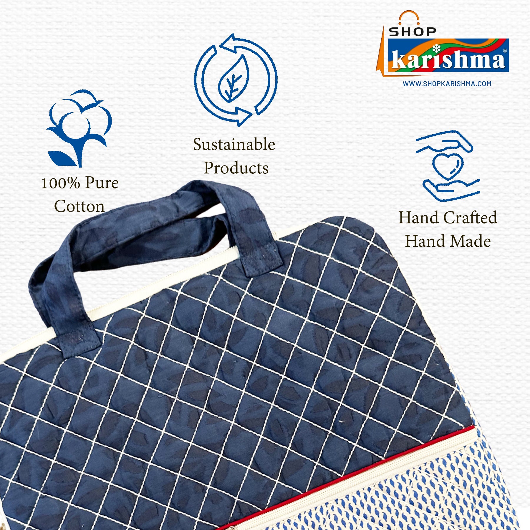 Blue Quilted Printed Cotton Sustainable Handmade Layered Laptop Cover Office Bag with Handle