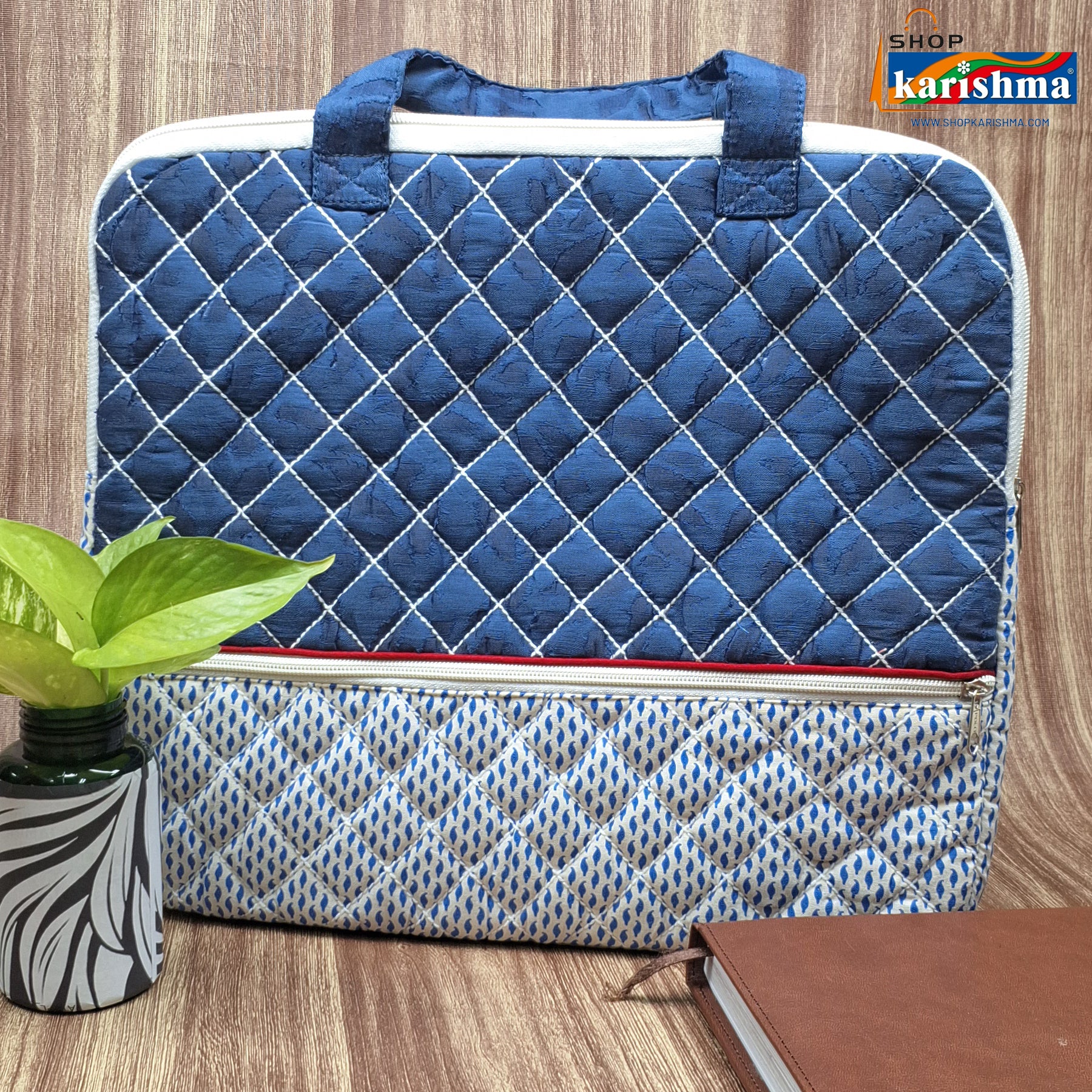 Blue Quilted Printed Cotton Sustainable Handmade Layered Laptop Cover Office Bag with Handle