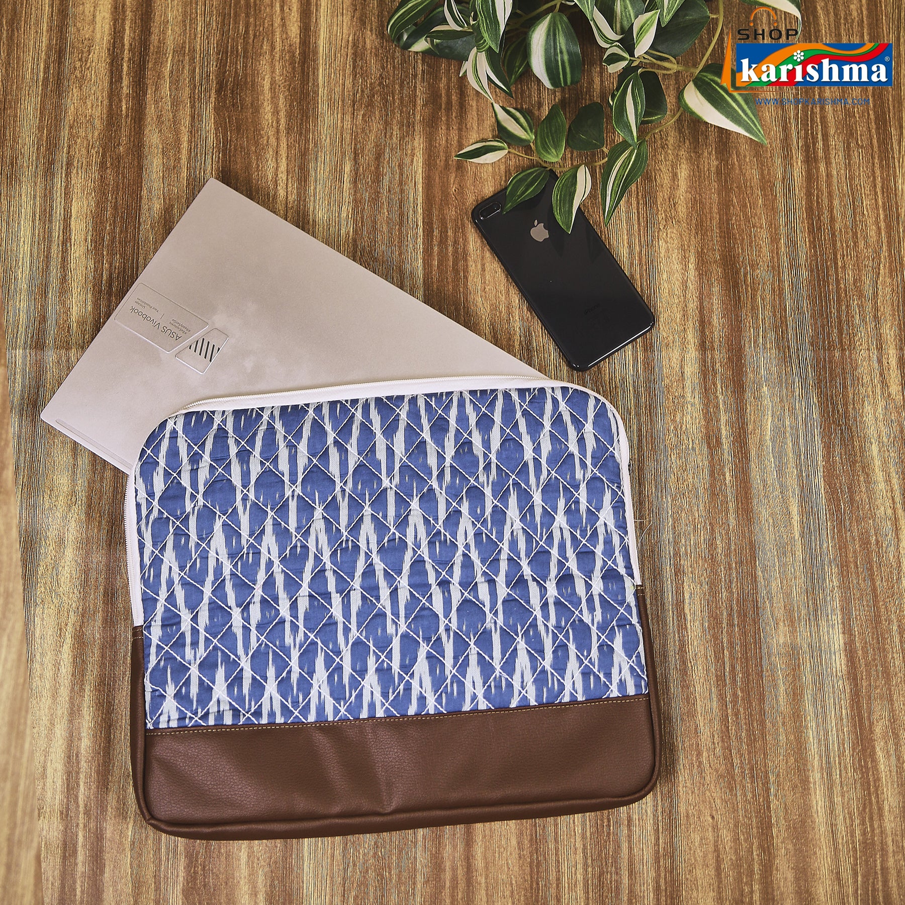 Blue Ikat Style Printed Sustainable Handmade Quilted Cotton Laptop Sleeve with Zipper