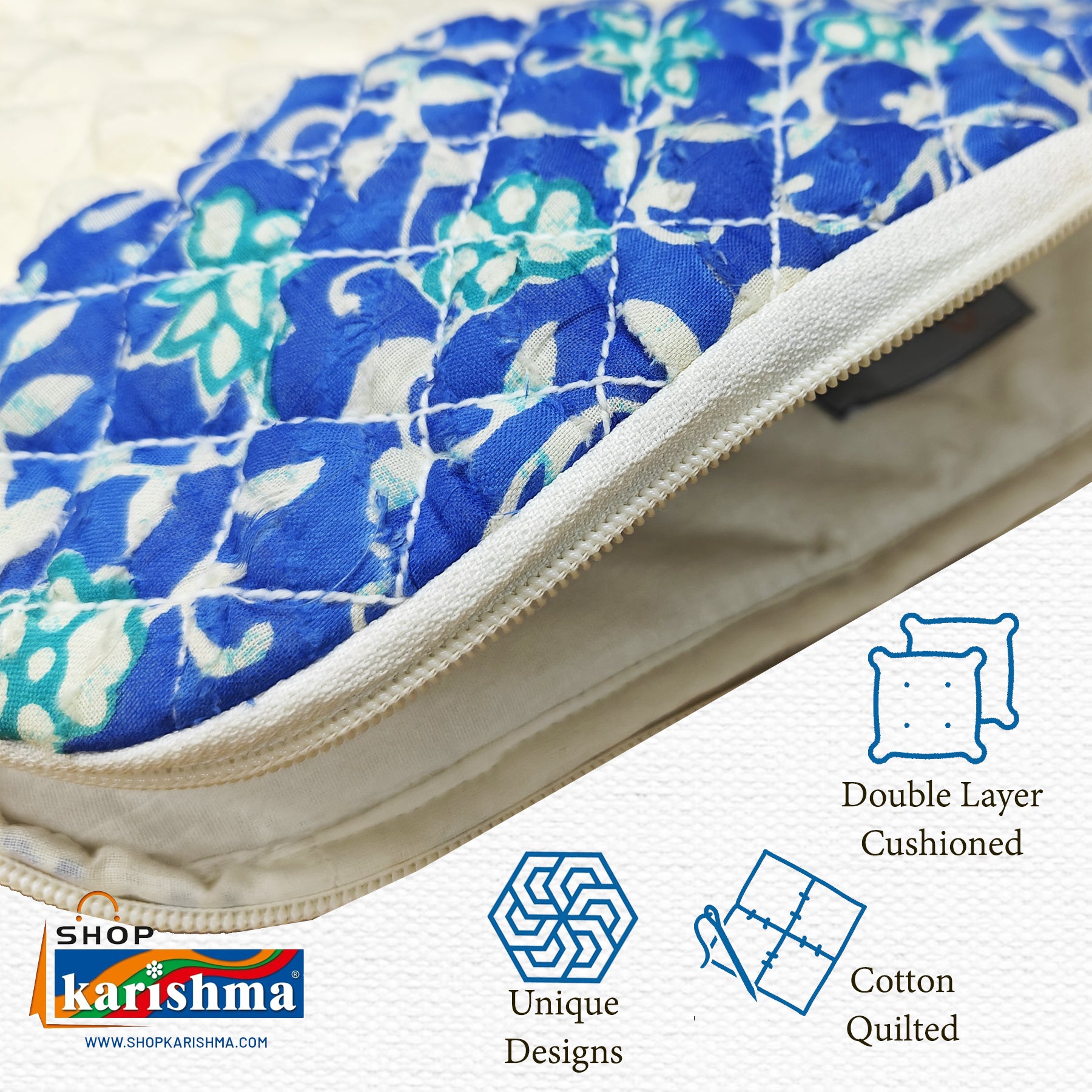 Blue Floral Printed Sustainable Handmade Quilted Cotton Laptop Sleeve with Zipper