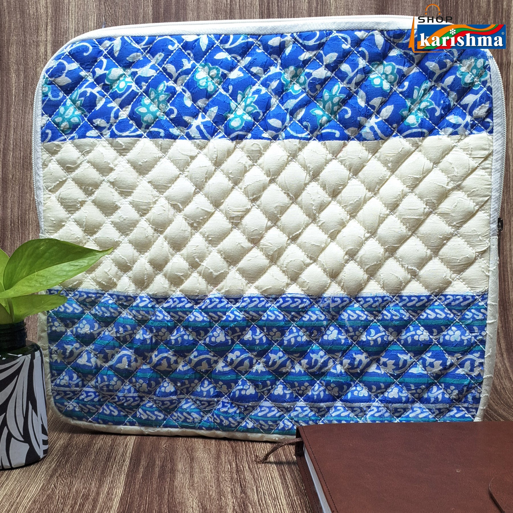 Blue Floral Printed Sustainable Handmade Quilted Cotton Laptop Sleeve with Zipper