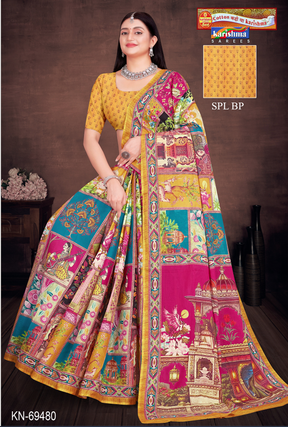Yellow Pure Cotton Malai (Soft) Saree With Modern design