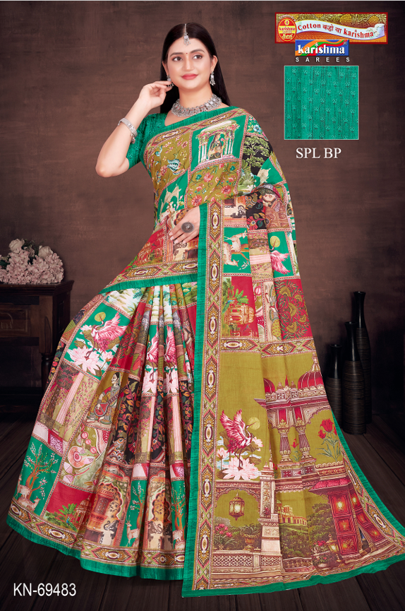 Green Pure Cotton Malai (Soft) Saree With Modern design