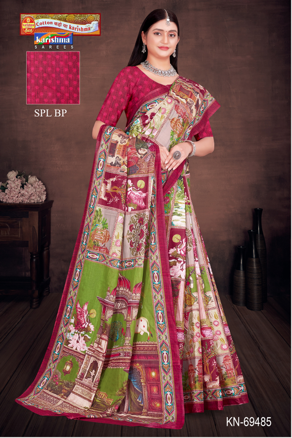 Magenta Pure Cotton Malai (Soft) Saree With Modern design