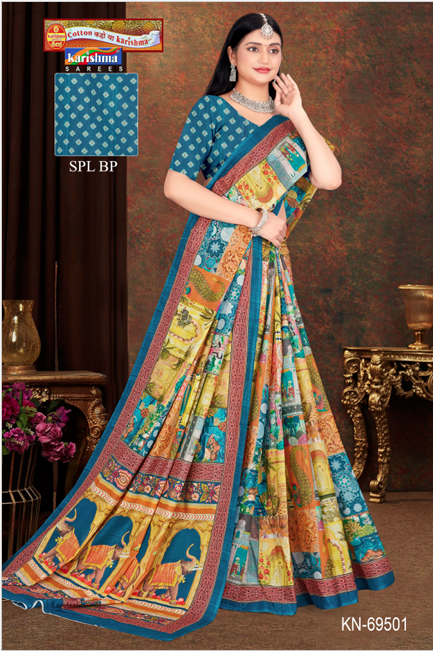 Blue Pure Cotton Malai (Soft) Saree With Modern design