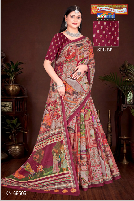 Maroon Pure Cotton Malai (Soft) Saree With Modern design