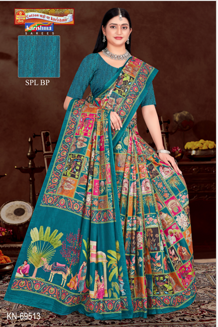 Teal Blue Pure Cotton Malai (Soft) Saree With Modern design