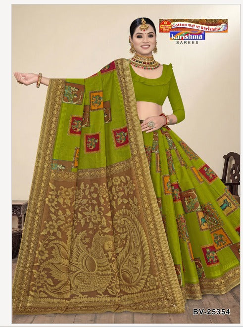 Crafted from pure mulmul (Stiff) cotton this printed saree features traditional figurative motifs and an ornate pallu for graceful celebrations.