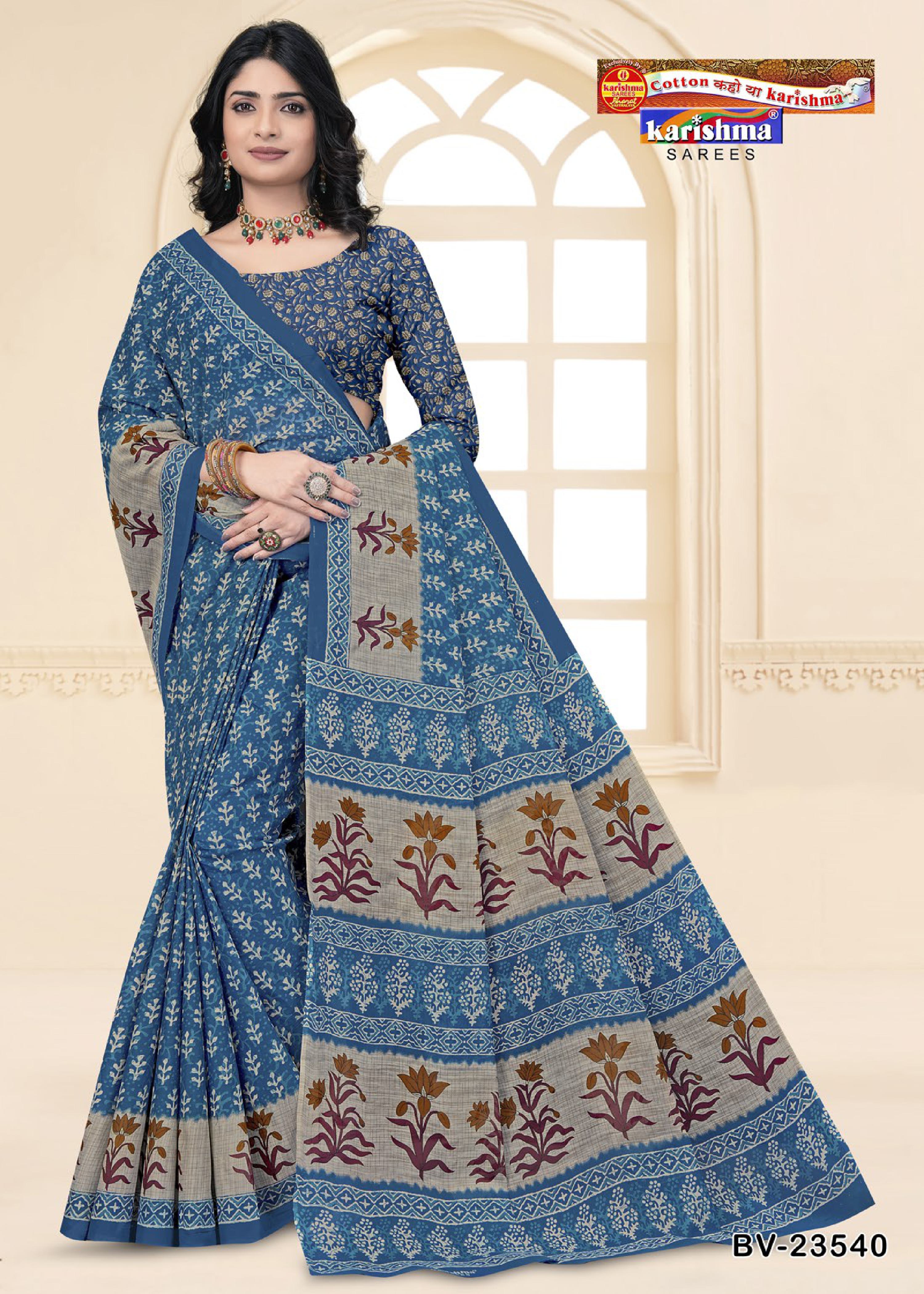 Light Blue Pure Cotton Mulmul (Medium Soft) Saree With Beautiful Floral Print Allover