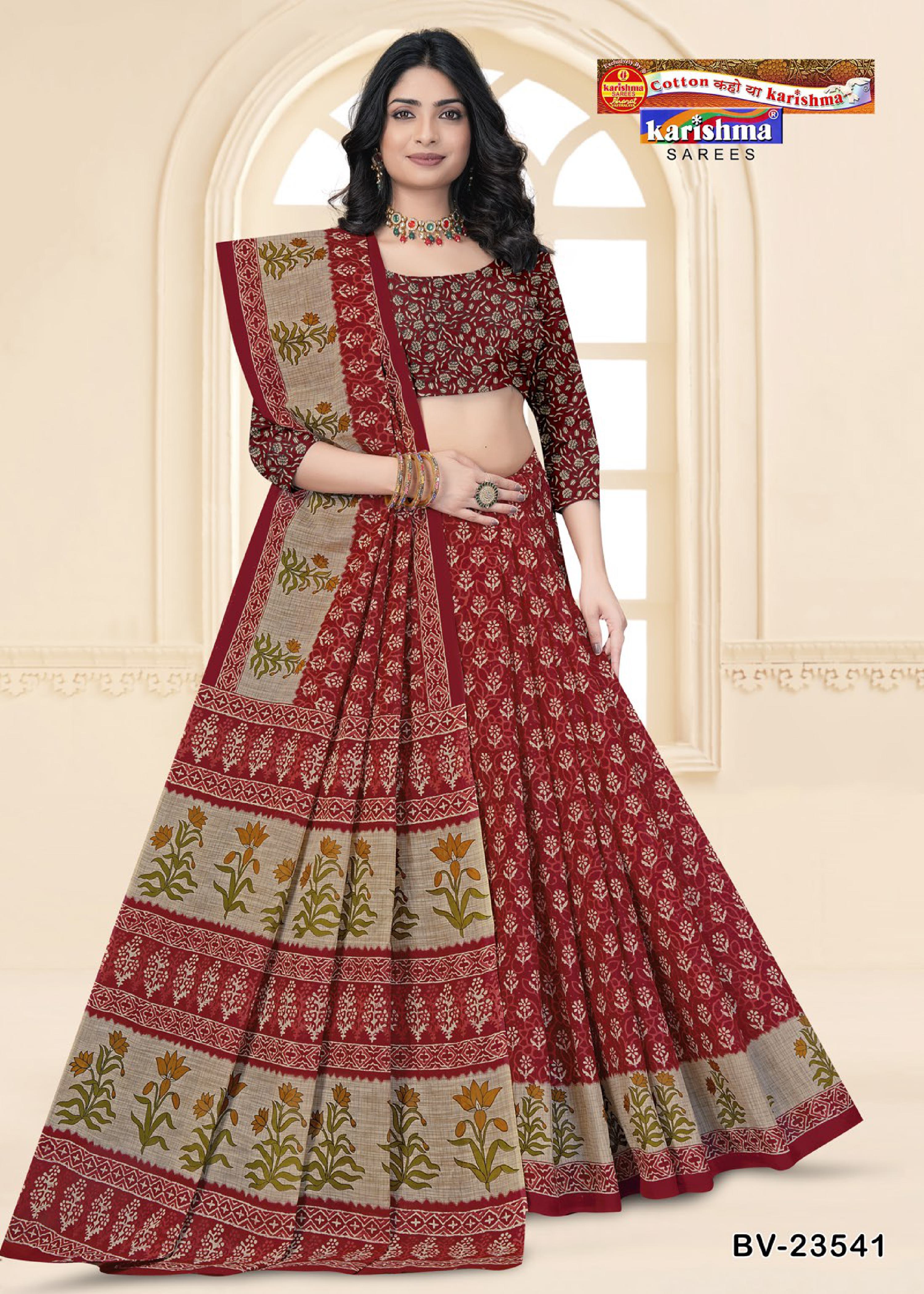 Red Pure Cotton Mulmul (Medium Soft) Saree With Beautiful Floral Print Allover