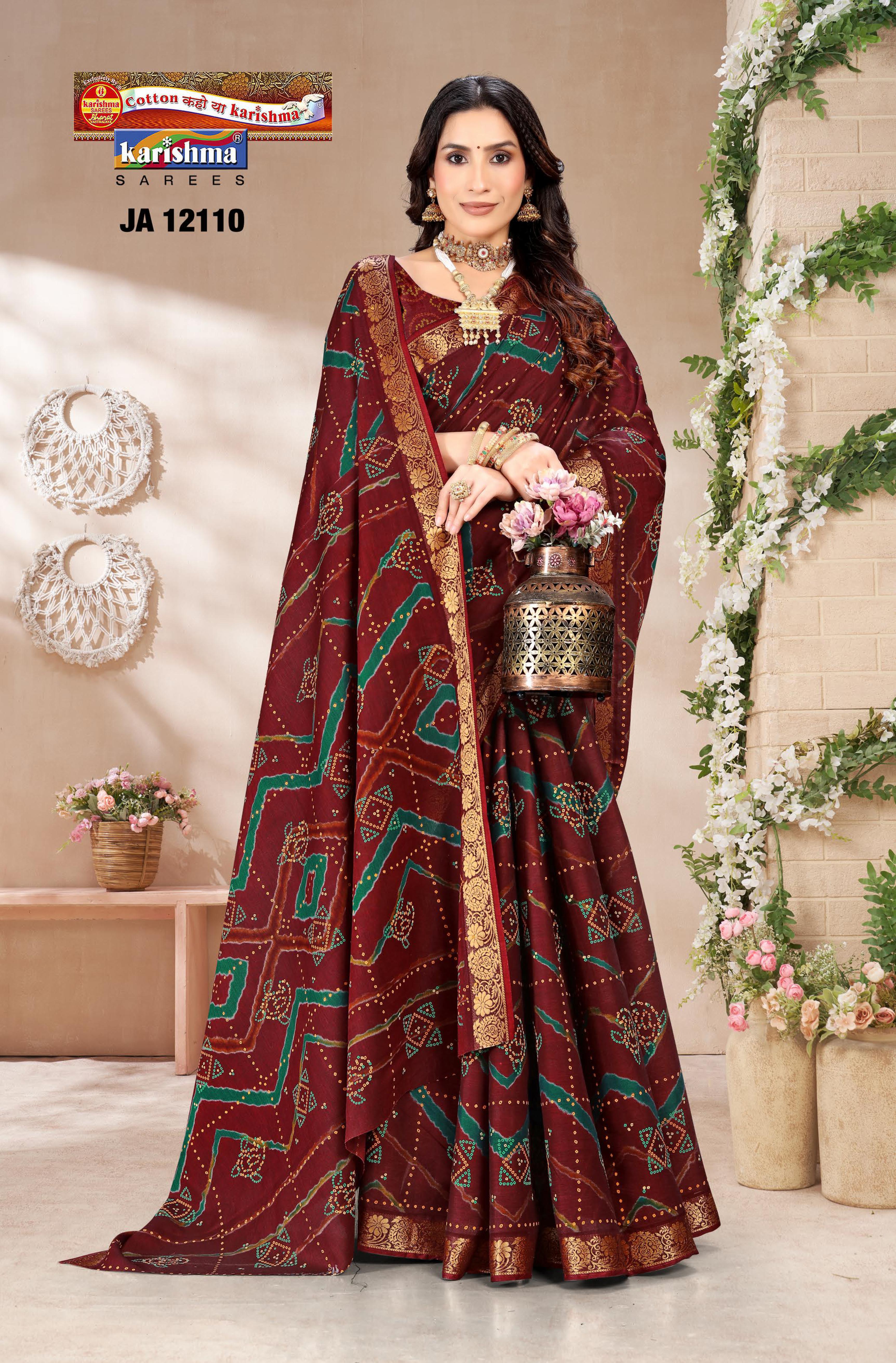 Maroon Pure Cotton Muslin (Soft) Saree With Traditional Bandhani Print And Golden Floral Print