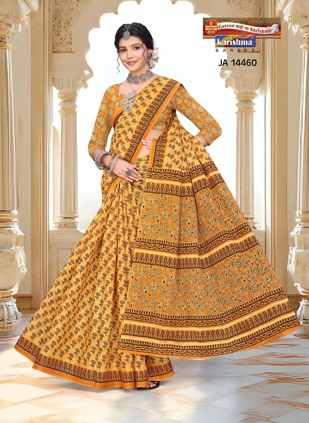 Yellow Pure Mulmul Cotton (Medium soft) Butti desigen Saree Attached Blouse Pc