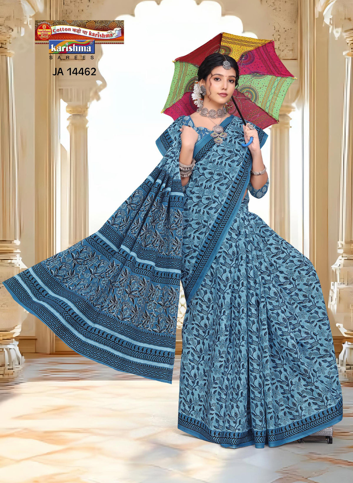 Blue Pure Mulmul Cotton (Medium soft) Butti desigen Saree Attached Blouse Pc
