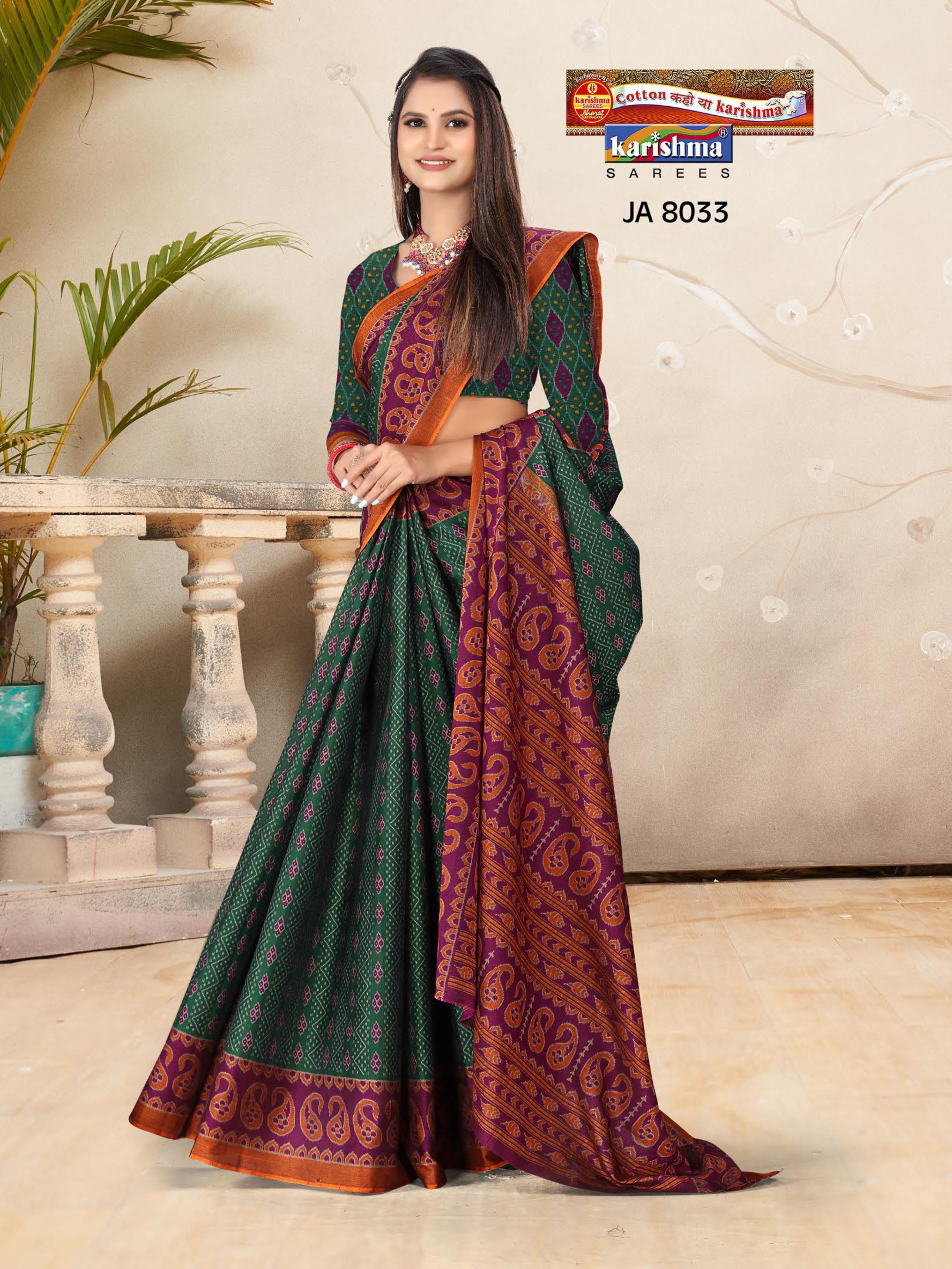 Green Purple Pure Cotton Muslin ( soft) Saree With Ikat Style Print