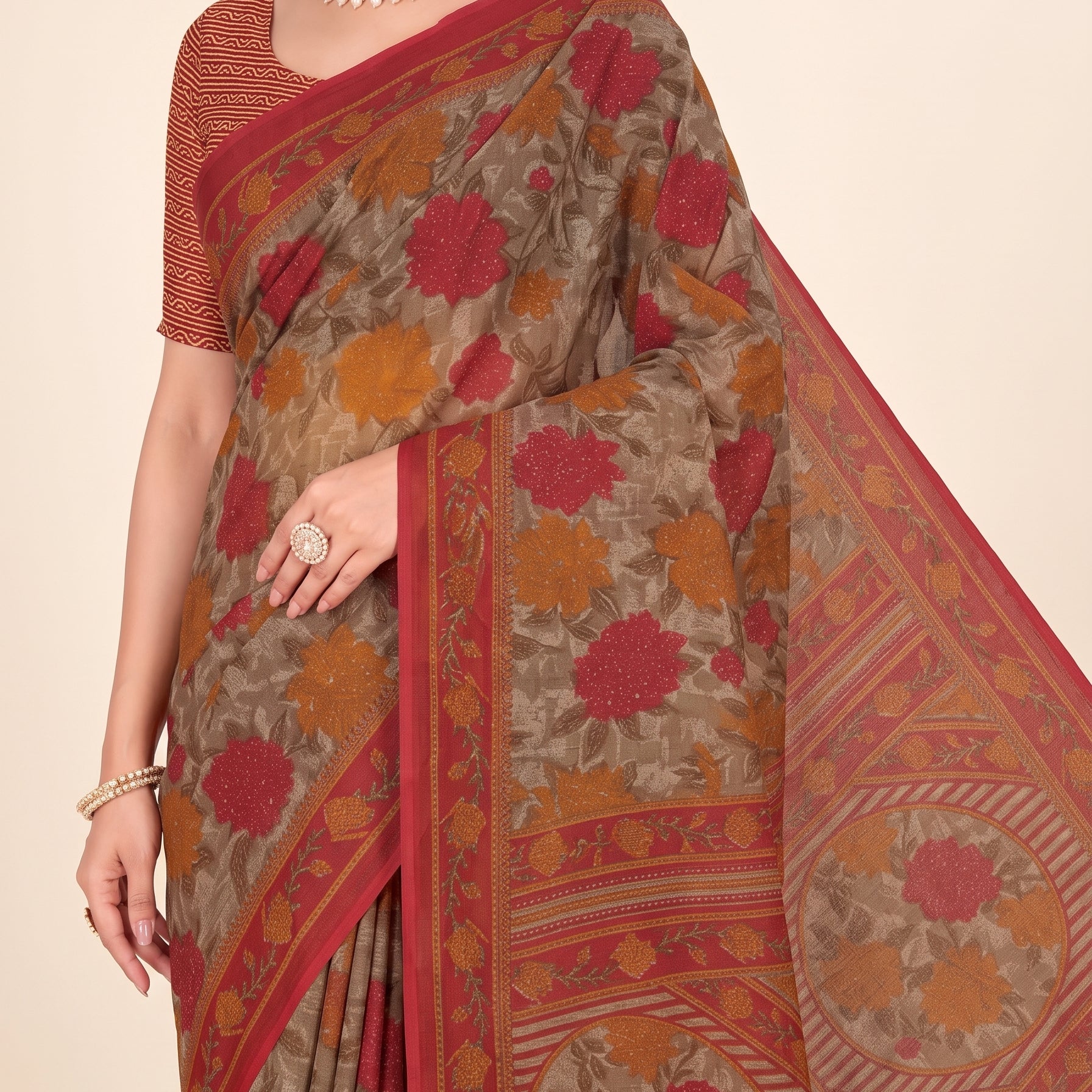 Pallu close-up [sku:K-1474-BROWN-AND-RED]