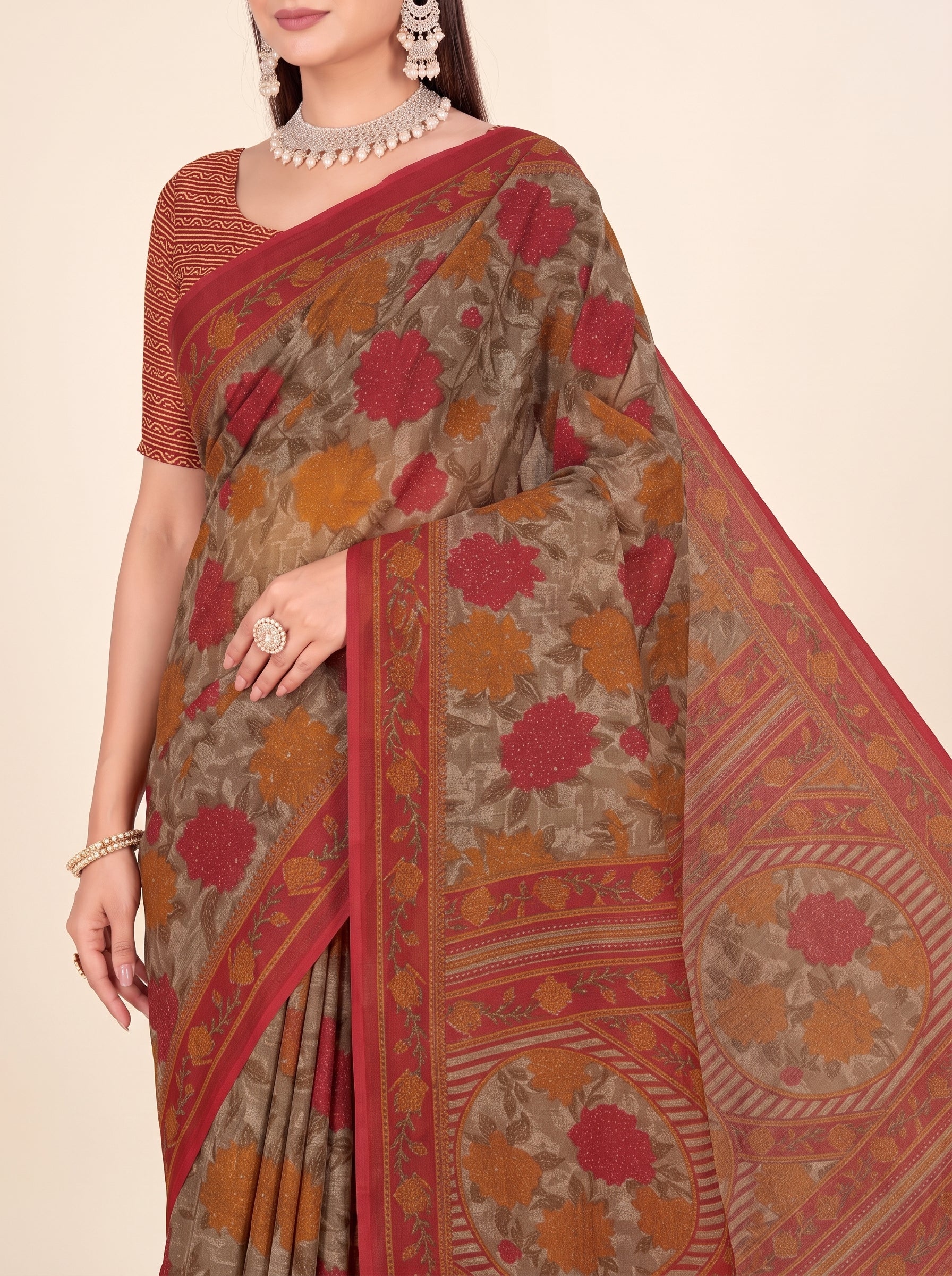 Pallu close-up [sku:K-1474-BROWN-AND-RED]