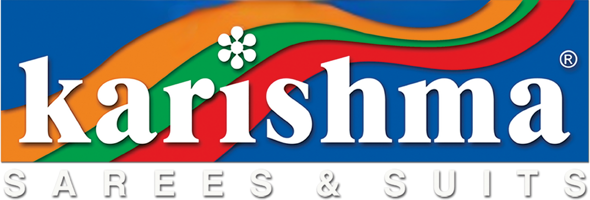 Karishma Sarees & Suits logo featuring white text over a colorful background with blue, orange, green, and red wavy stripes and a small white flower icon.