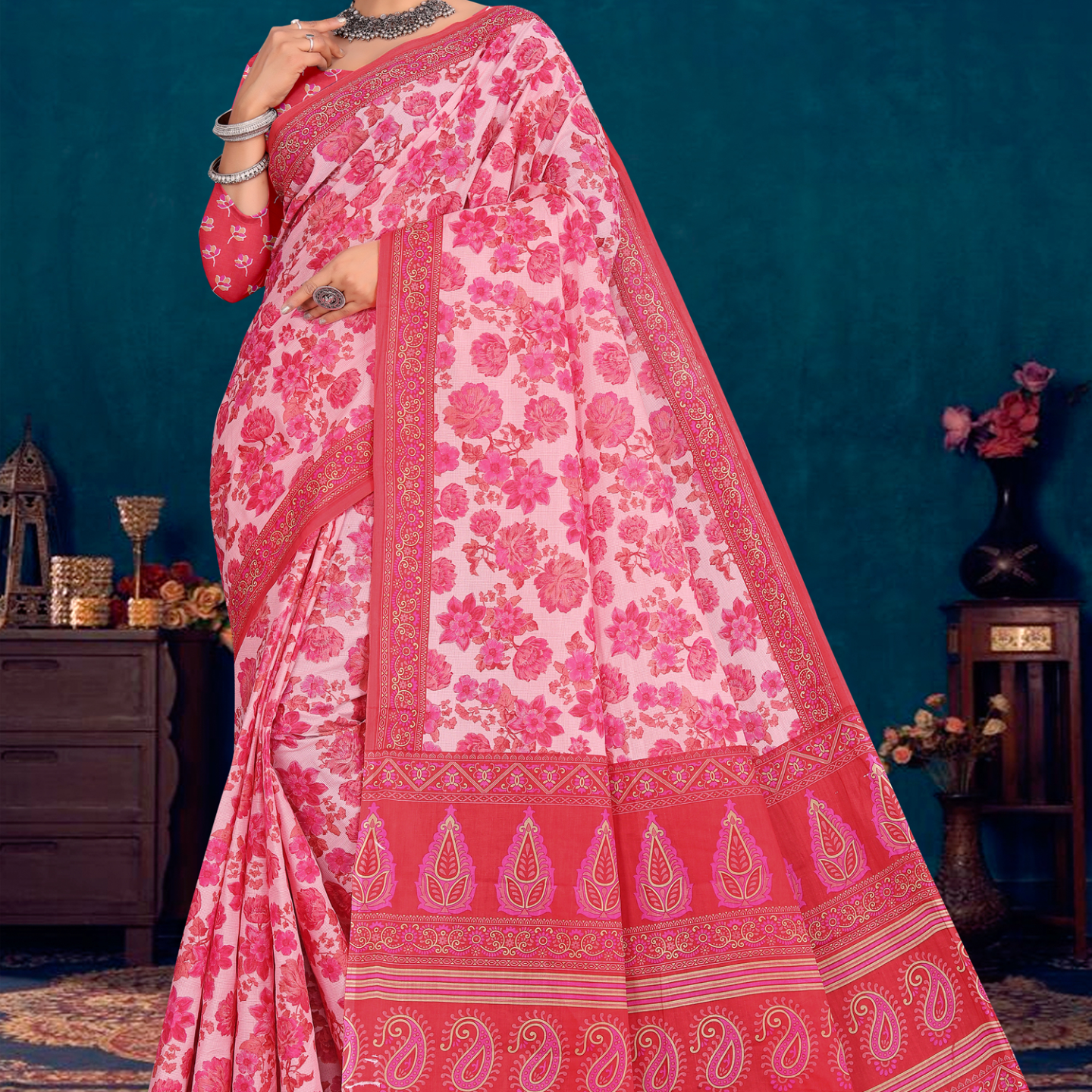 Pink and Red cotton saree [sku:KN-66603]