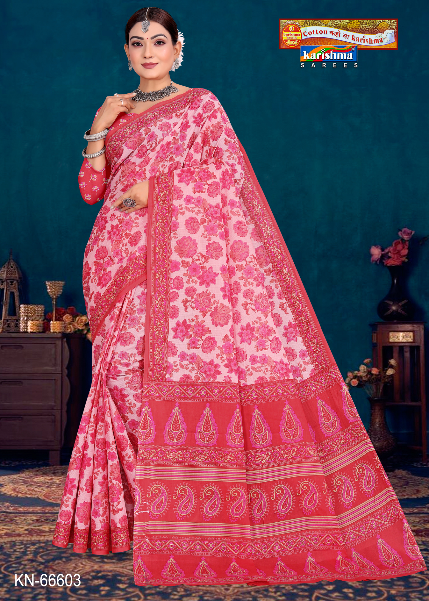 Pink and Red cotton saree [sku:KN-66603]